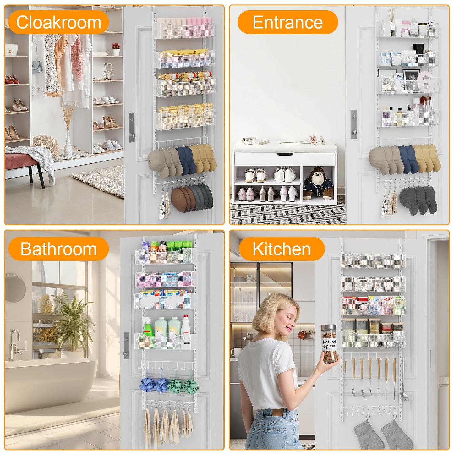 Over the Door Organizer, 2 in 1 Metal Hanging Closet Organizer & Hat Rack with 4 Adjustable Baskets, 8 Hooks, 10 Clips, Behind The Door Storage for Bedroom, Bathroom, Entrance, Closet, Kitchen, White