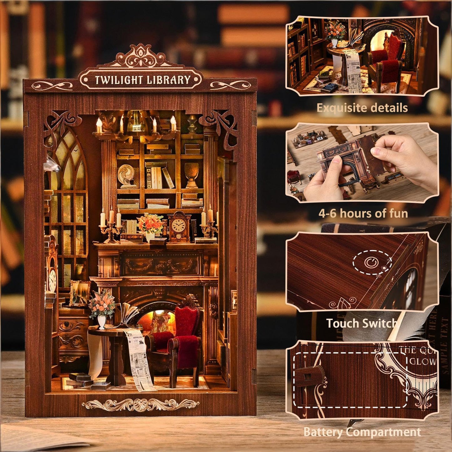 Kubelyx Book Nook Kit - DIY Miniature House Kit & Dollhouse Craft for Adults, Teens, Book Lovers, 3D Wooden Puzzle with LED Light, Bookshelf Decor, Gifts for Family and Friends (Twilight Library)