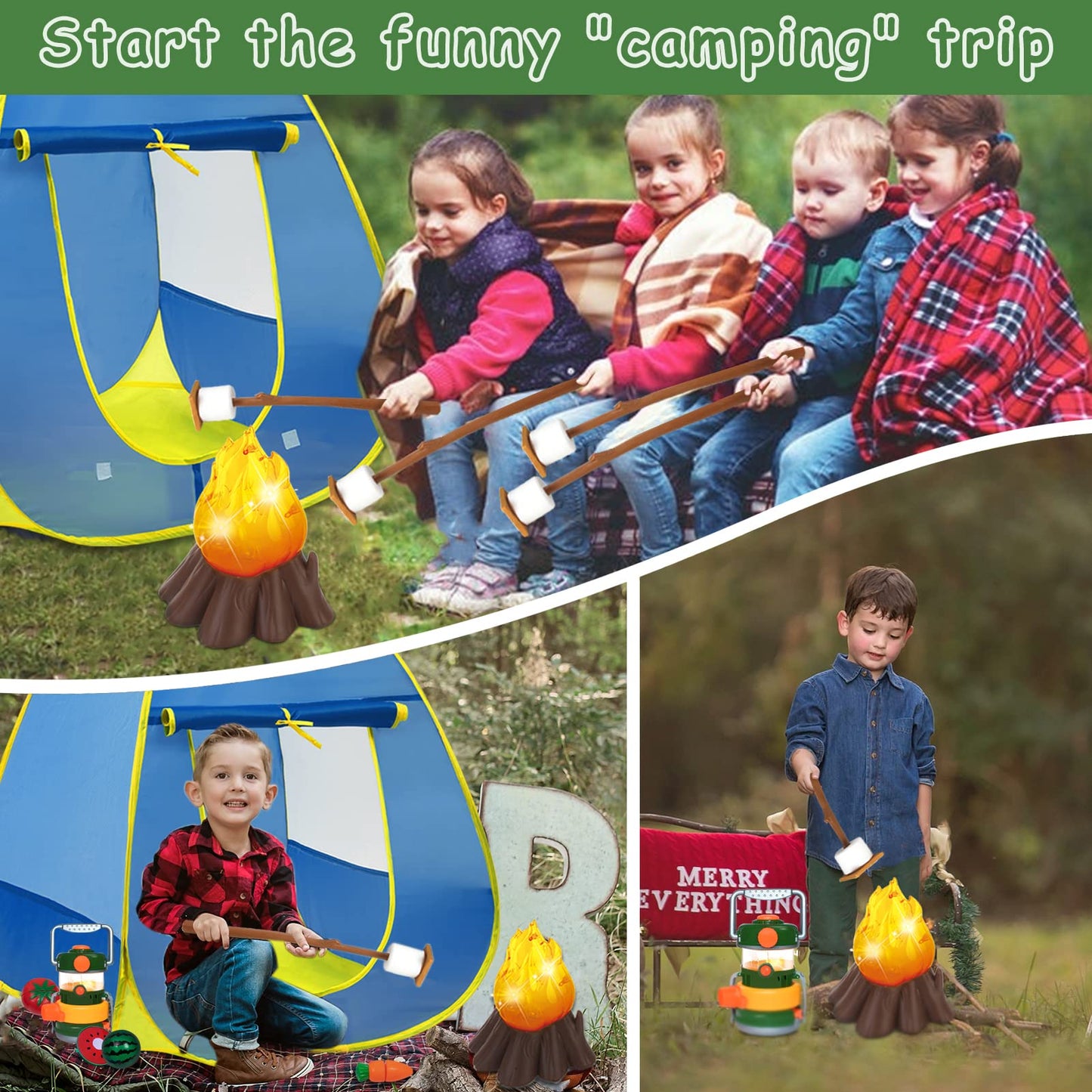 MITCIEN Kids Tent with Campfire Camping Kit for Toddlers Oil Lantern with Sound, Cut Fruits, Marshmallow Skewers, Camping Toys for Boys and Girls