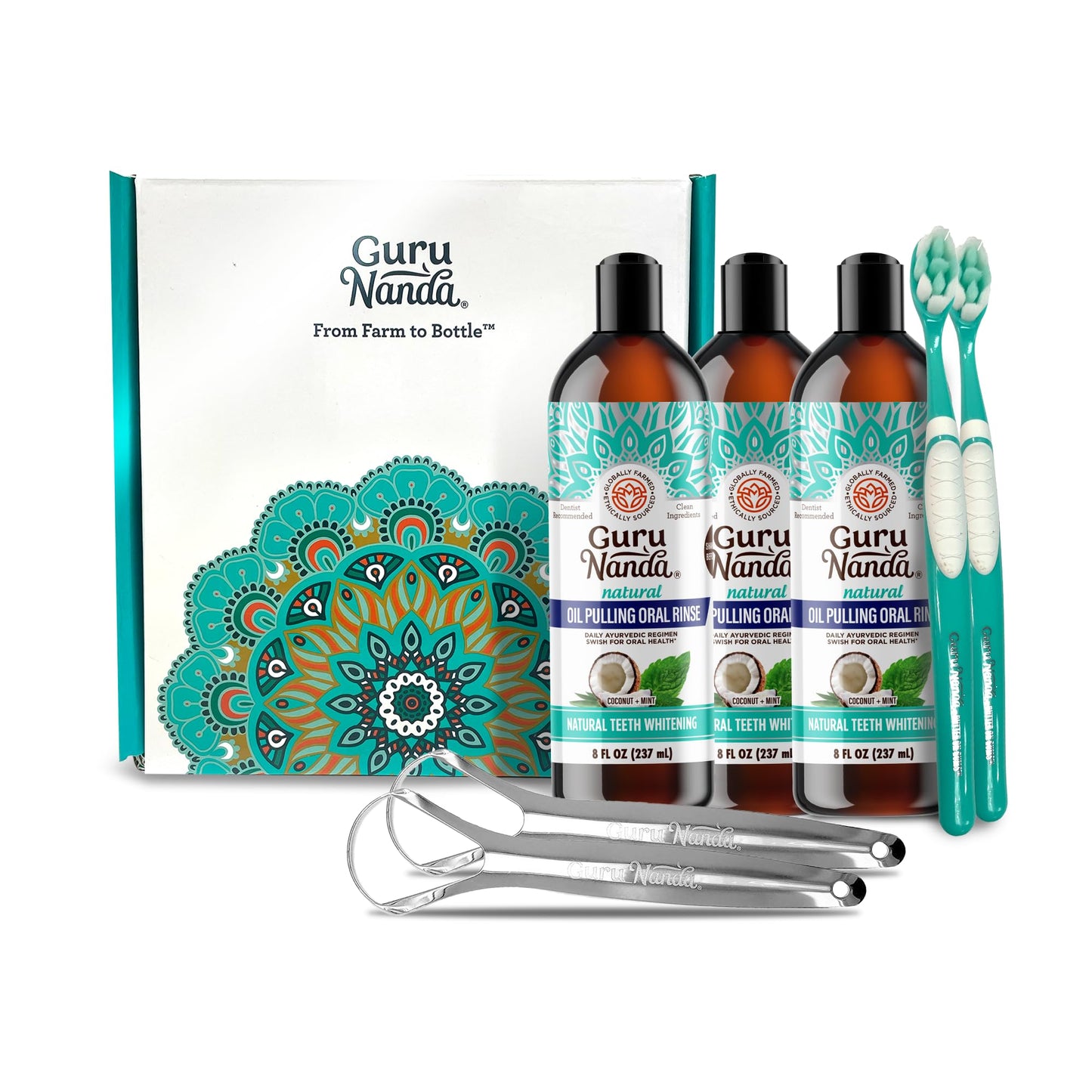GuruNanda Coconut Oil Pulling, Fresh Breath & Whitening Mouthwash, 7 Essential Oils & Vitamins for Healthy Teeth & Gums,Alcohol-Free, 3X8 oz
