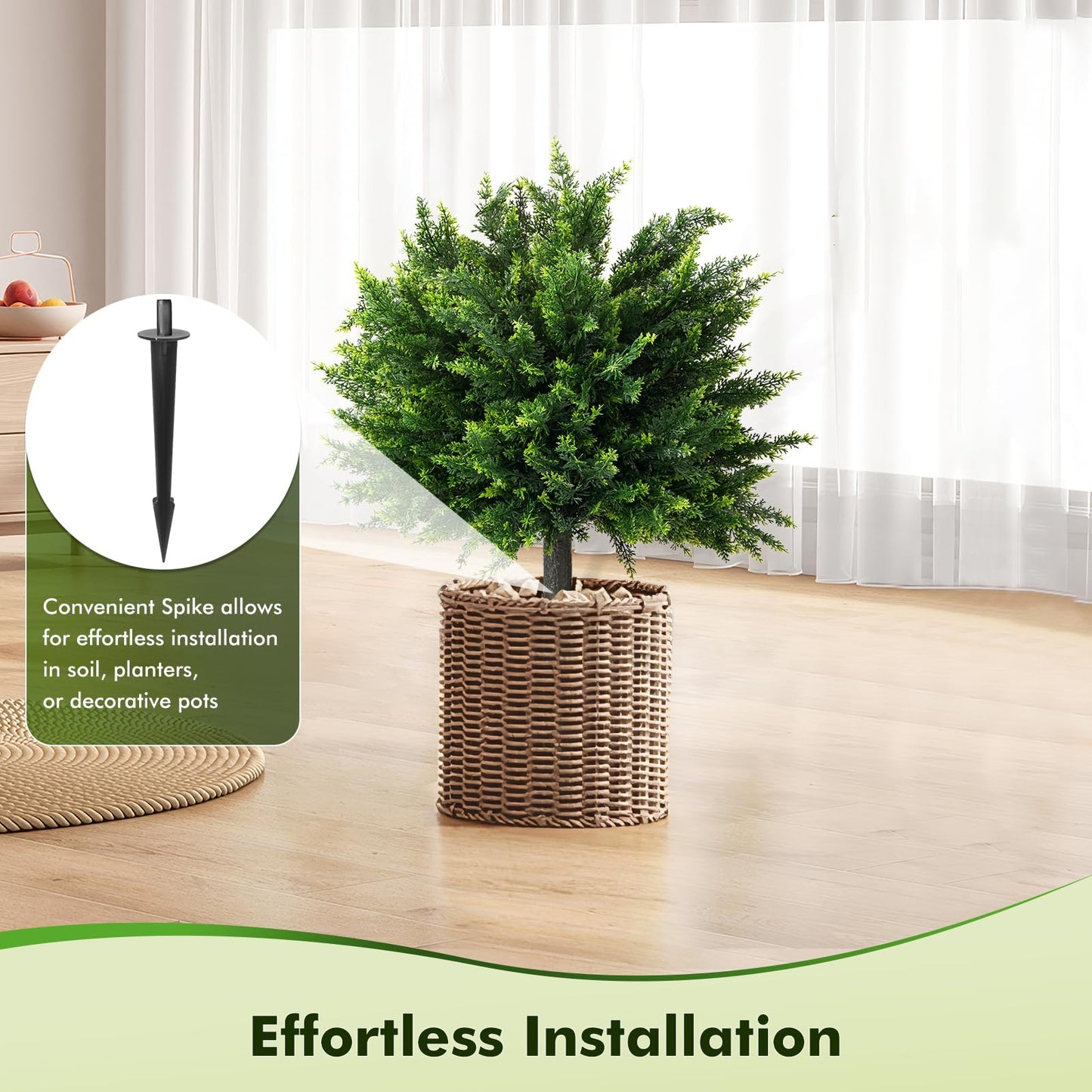 26" Artificial Cypress Topiary, 2pcs Artificial Cedar Topiary Ball Trees with Ground Spike, Outdoor Faux Shrubs with UV Resistant, Lasting Evergreen Bushes Push in Ground Plants for Front Porch