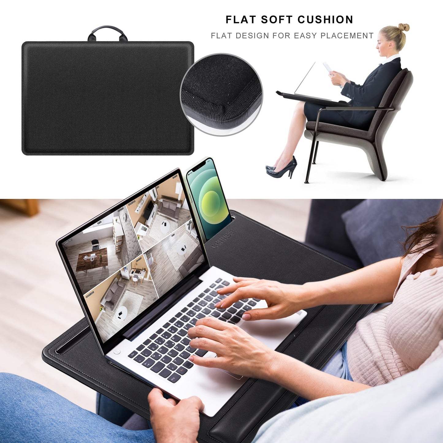 CENNBIE Leather Lap Desk with Memory Foam Cushion 24x16 Inches- Adjustable Portable Laptop Tray Fits 17 19 Inch Notebook - Built-in Wrist Rest Lightweight Computer Desk (Black)