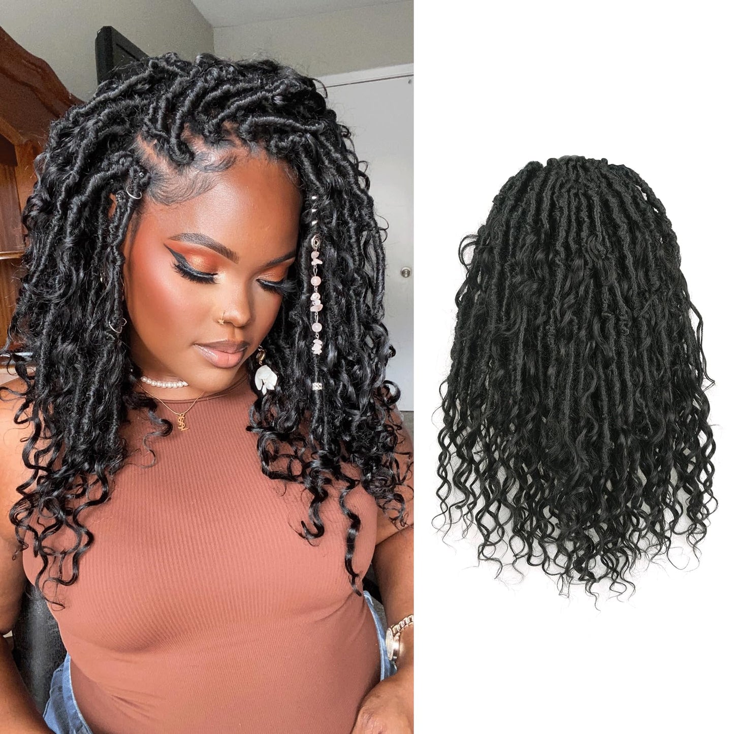 ToyoTress Boho Butterfly Locs With Human Hair Curls - 16 Inch 8 Packs Natural Black Handmade Pre-Looped Crochet Hair For Black Women Human Hair Locs, Boho Faux Locs Crochet Braids (16 Inch, 1B-8P)