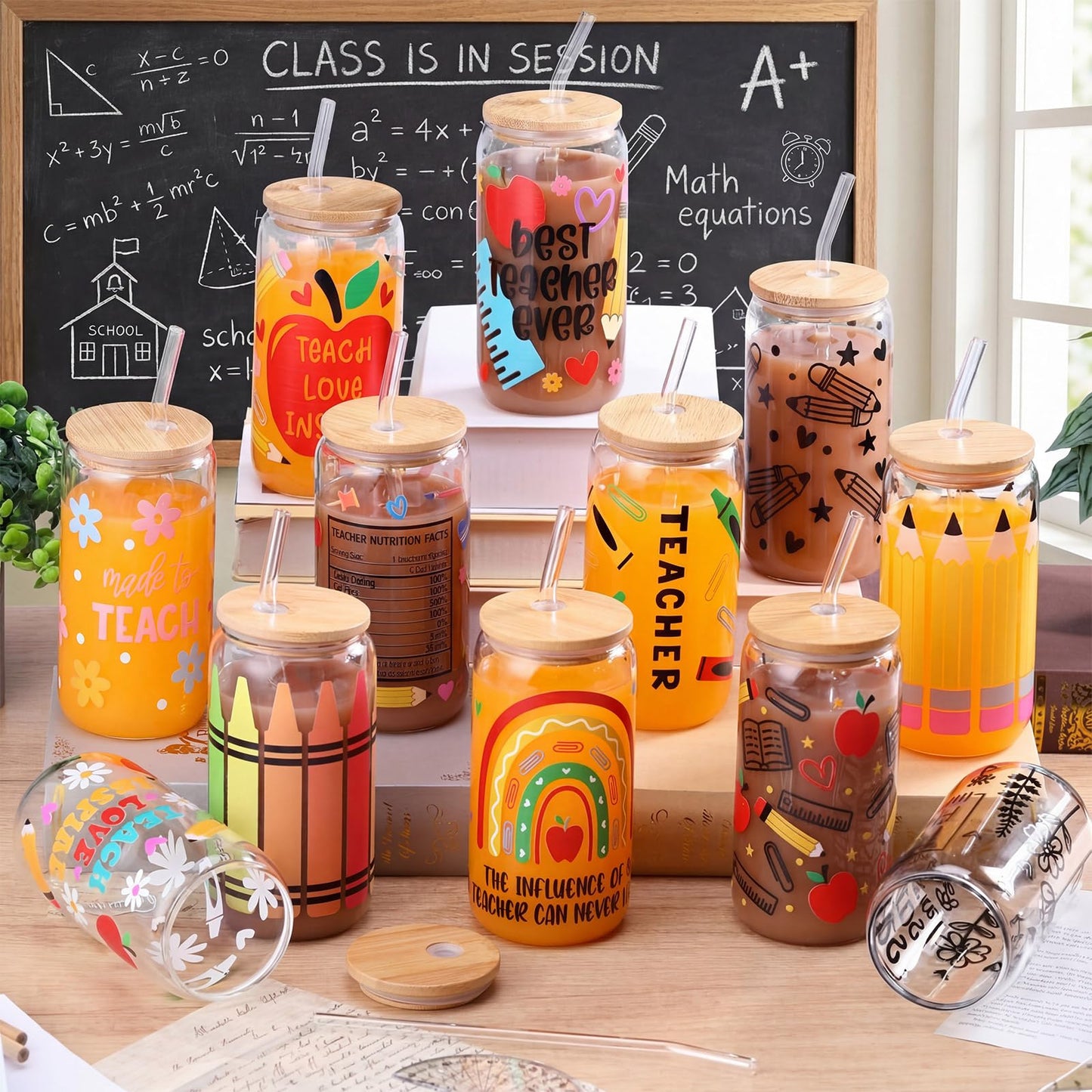 Yetene 12 Sets End of Year Teacher Gifts Bulk 2026 Teacher Appreciation Glass Cup with Lid and Straw 16 oz Apple Crayon Pencil Iced Coffee Tumbler Thank You Gifts for Daycare Preschool Graduation