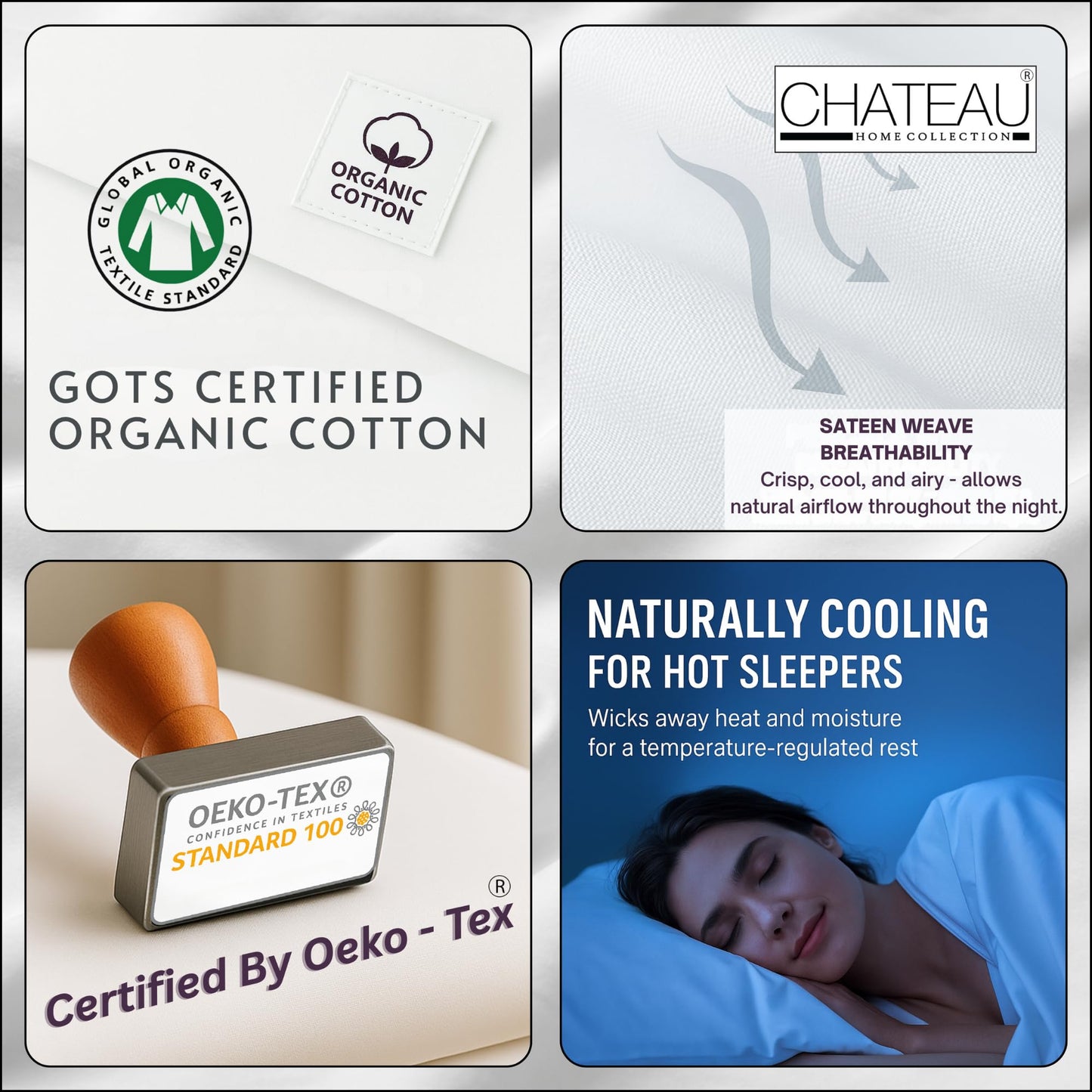 CHATEAU HOME COLLECTION Organic Cotton Sheets King Size – 100% Organic Sky Blue Bed Sheets, Deep Pocket Fitted Sheet, Cooling & Breathable, Sateen Weave, Fits Upto 17" Mattress
