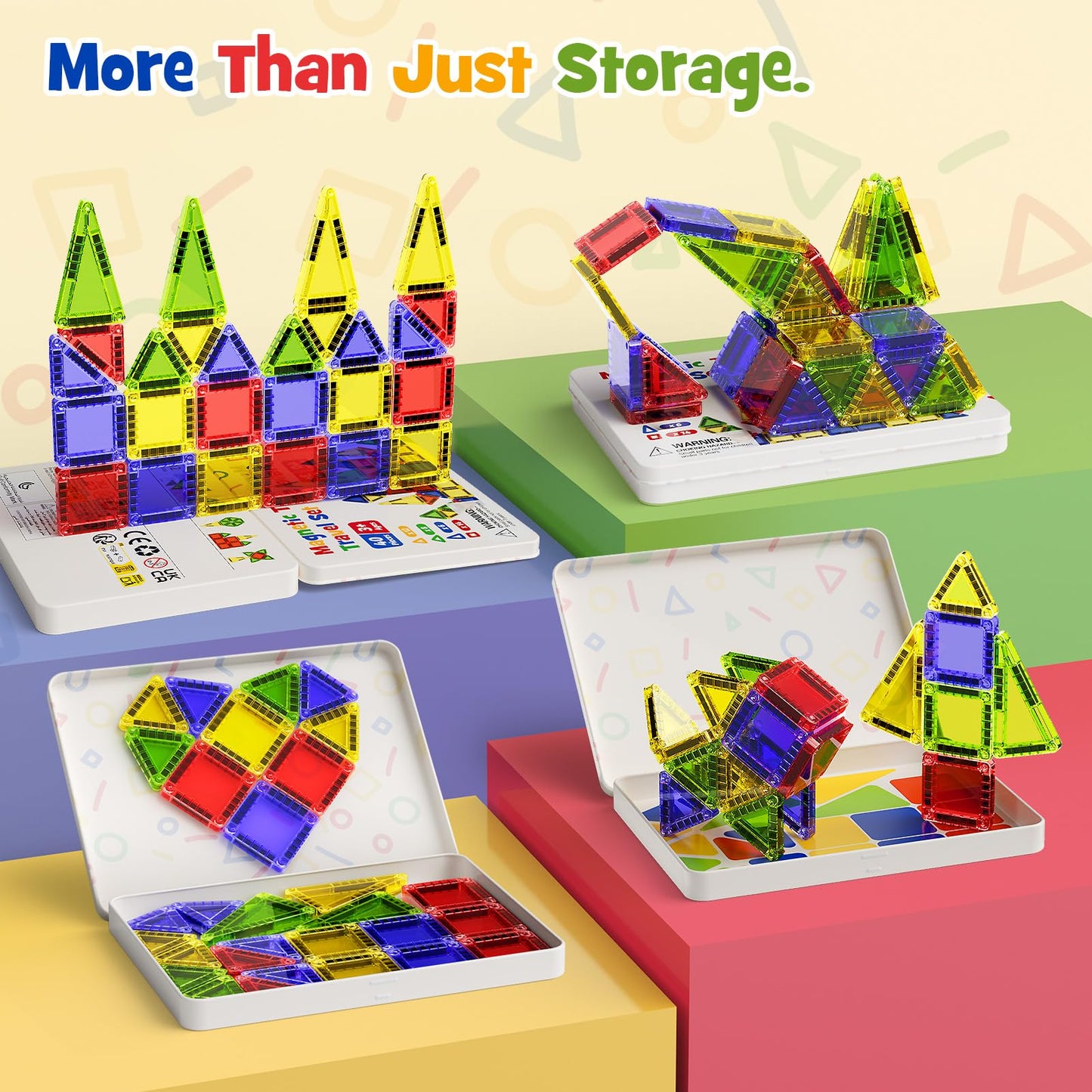 Portable Magnetic Tiles for Kids Travel - 40pcs STEM Building Blocks with Visual Storage Guide & Metal Box Play Base, Toddler Airplane Activities Toys for Ages 3-5,4-8, Compact Travel Toys