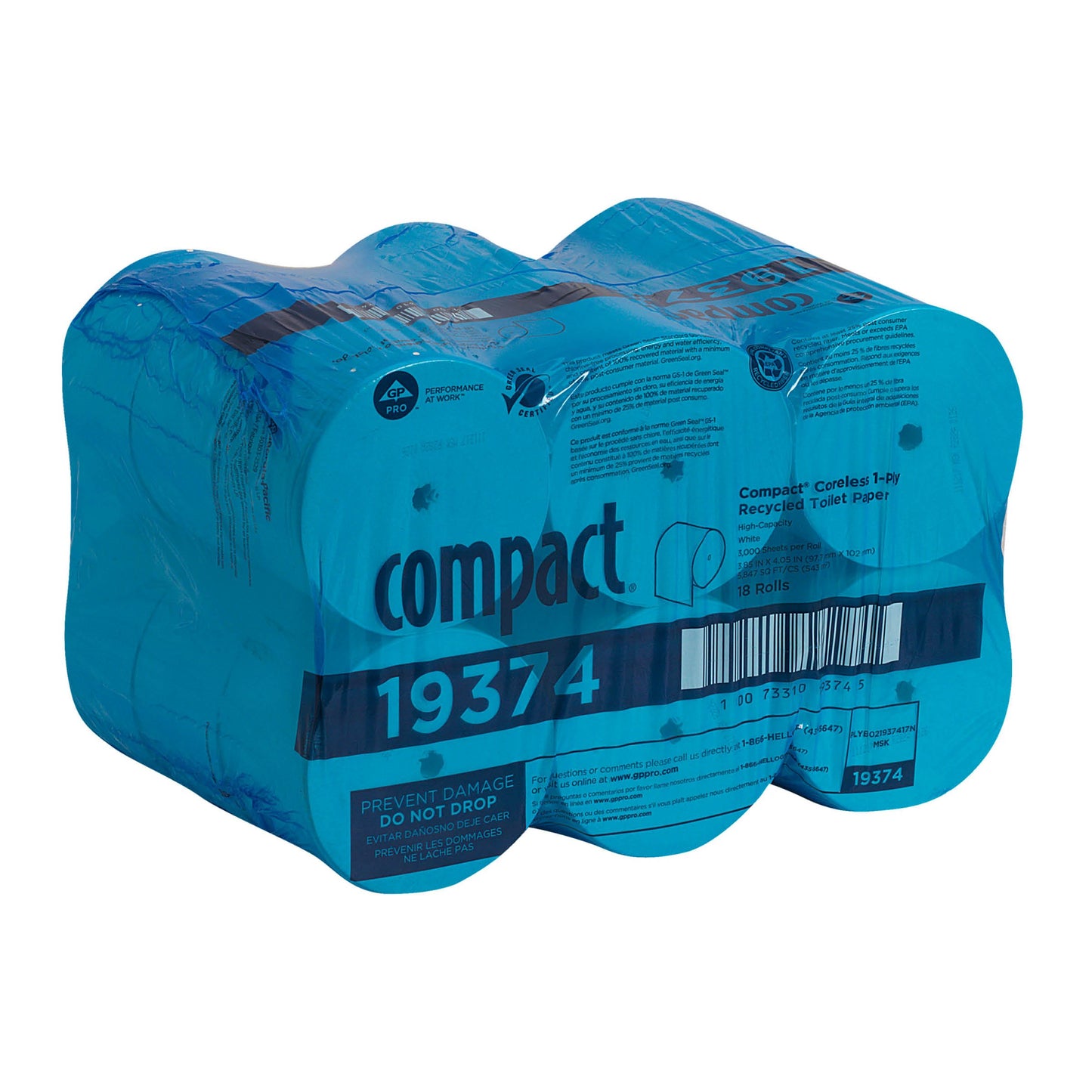 Georgia-Pacific Compact Coreless 1-Ply Recycled Toilet Paper by GP PRO (Georgia-Pacific), 19374, 3,000 Sheets Per Roll, 18 Rolls Per Case