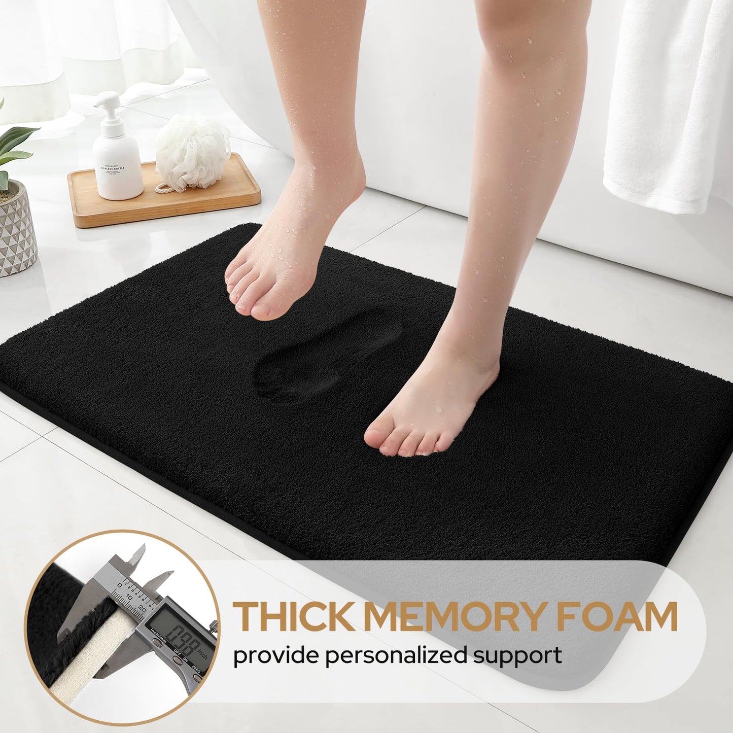 HOMEIDEAS Upgraded Bathroom Rugs Set 3 Piece, Extra Thick Absorbent Soft Memory Foam, Washable Toilet Bath Mat (Black)