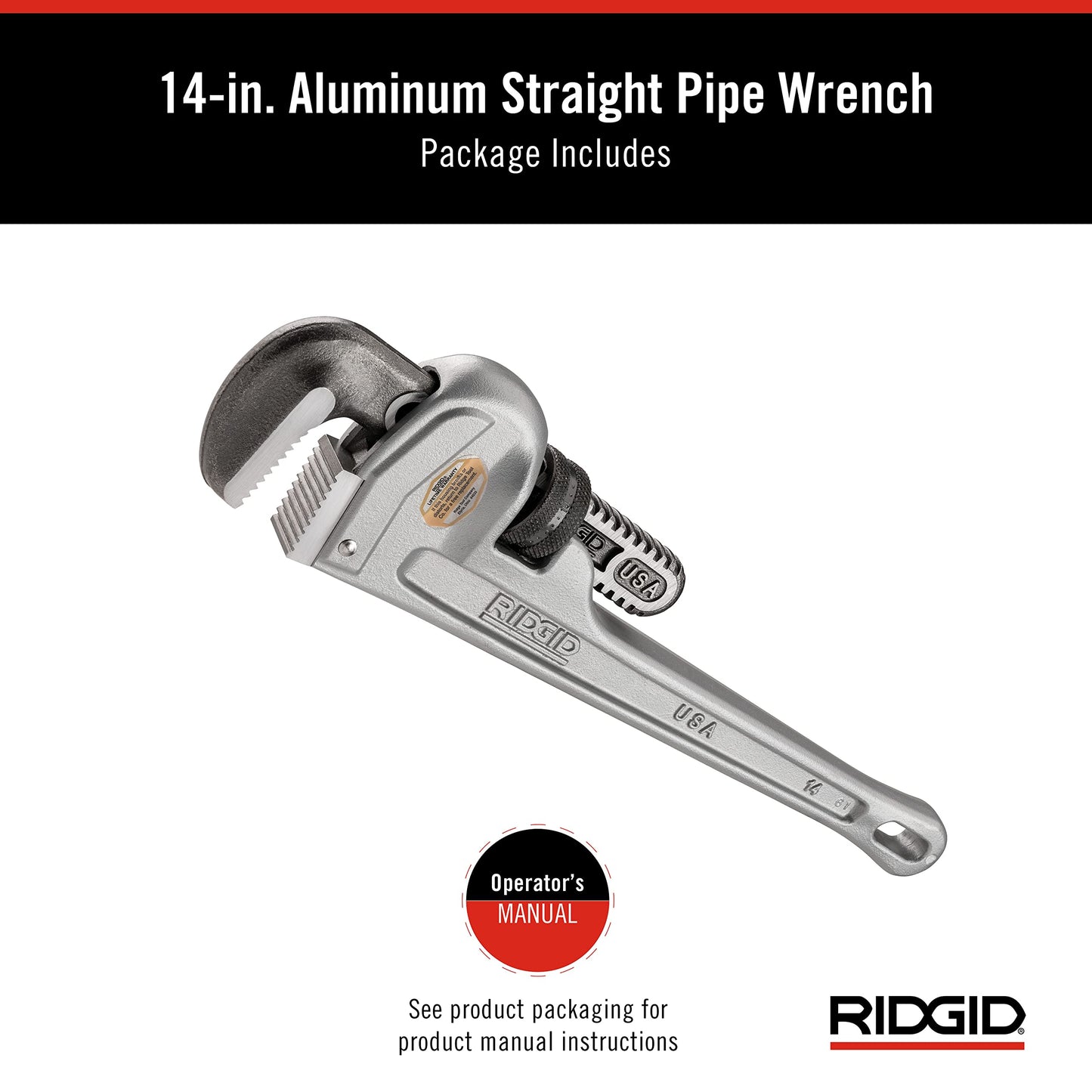 RIDGID 31095 Model 814 Aluminum Straight 14" Plumbing Pipe Wrench, Silver, Made in the USA