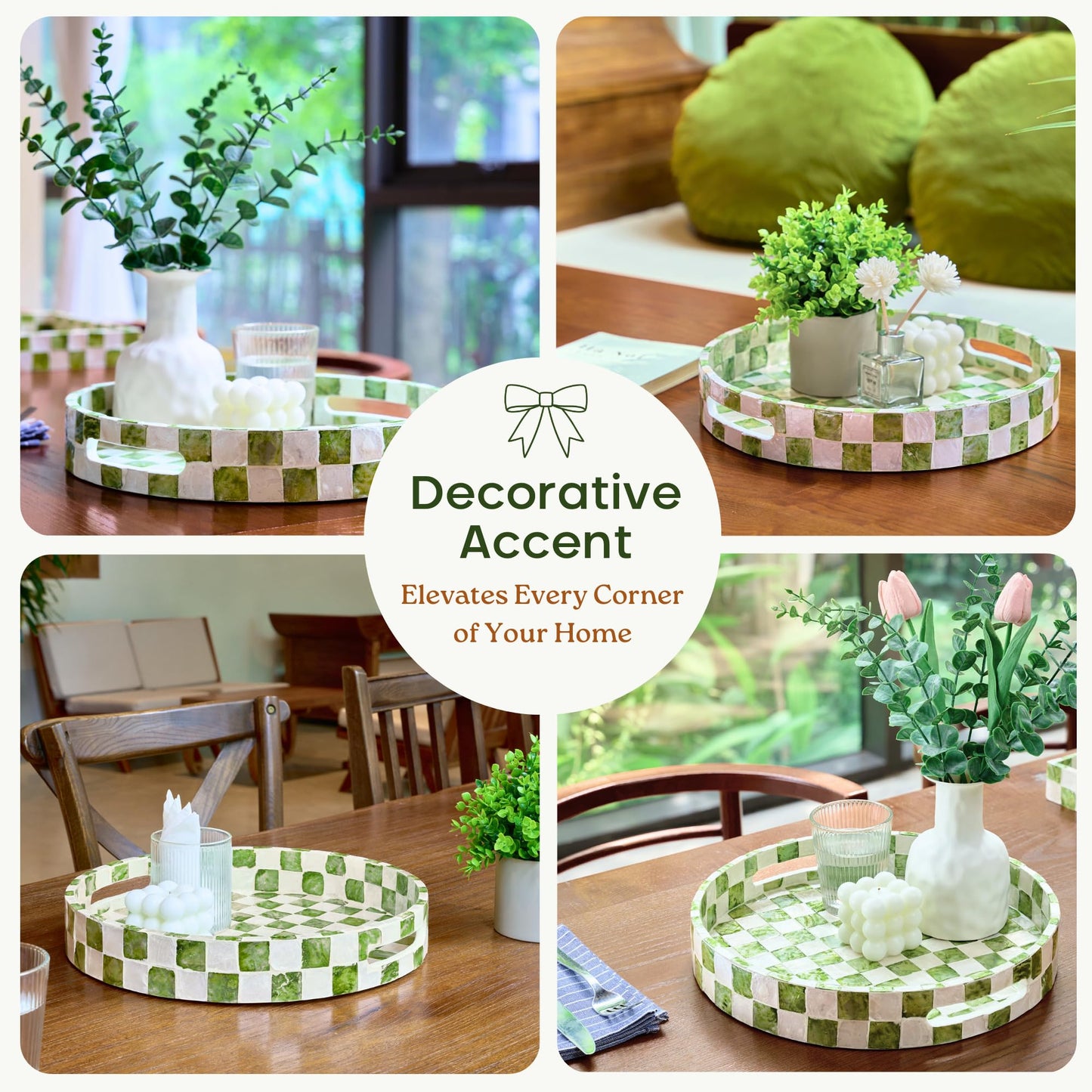 CHI AN HOME 12.6" Round Decorative Tray with Handles, Checkered Capiz Mother of Pearl Serving Tray for Coffee Table, Kitchen Counter, or Bathroom (Pistachio Green and White)