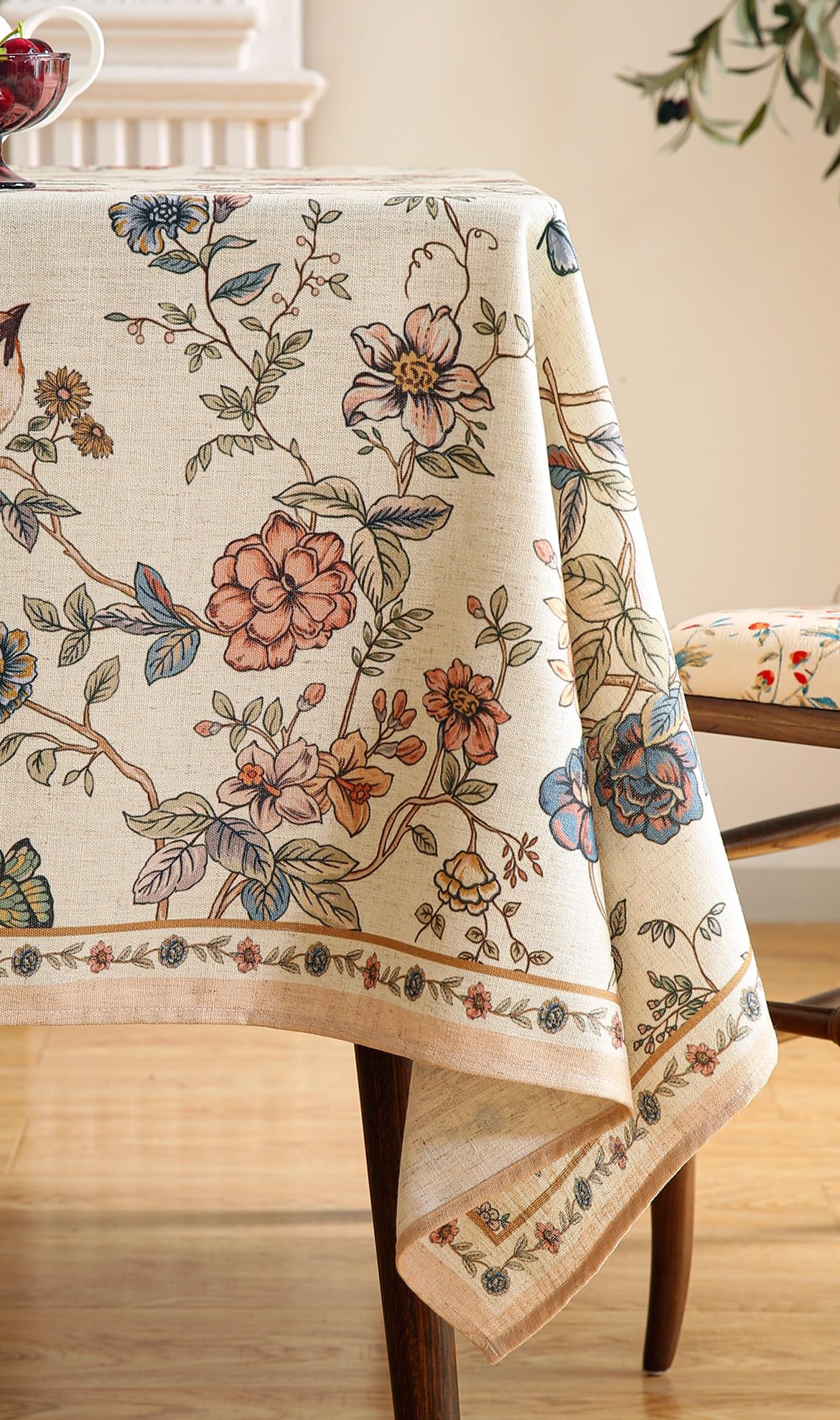 ISAENNE French Tablecloth for Rectangle Tables,Linen Table Cloth with Flowers and Birds Pattern,Heavy Durable Table Cover for Dining Thanksgiving Kitchen Decor Party Banquet Christmas,63"*110"