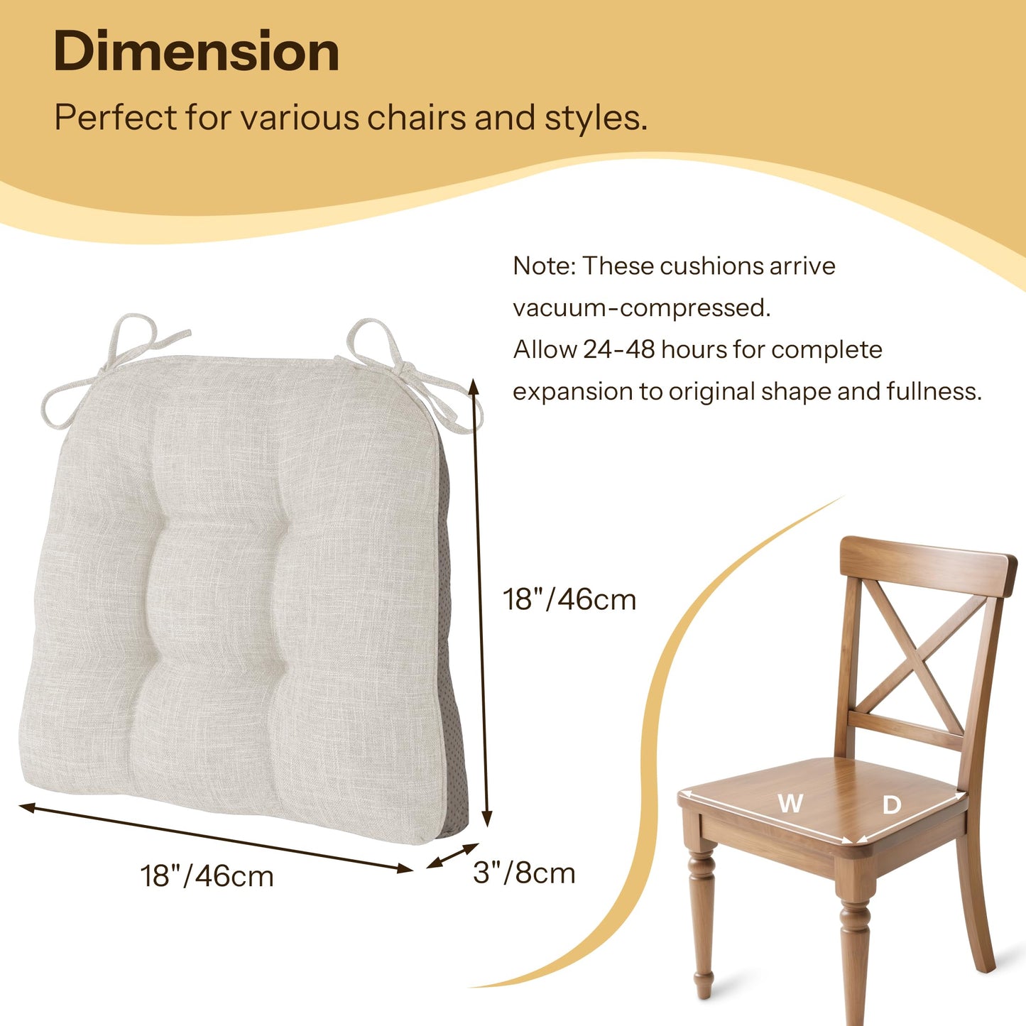 FlyGulls Non Slip Chair Cushions for Dining Chairs Set of 4 Kitchen Chair Cushions 18"x18"x3" Turfted Chair Pads Comfortable and Soft Seat Cushion with Ties, Ivory White