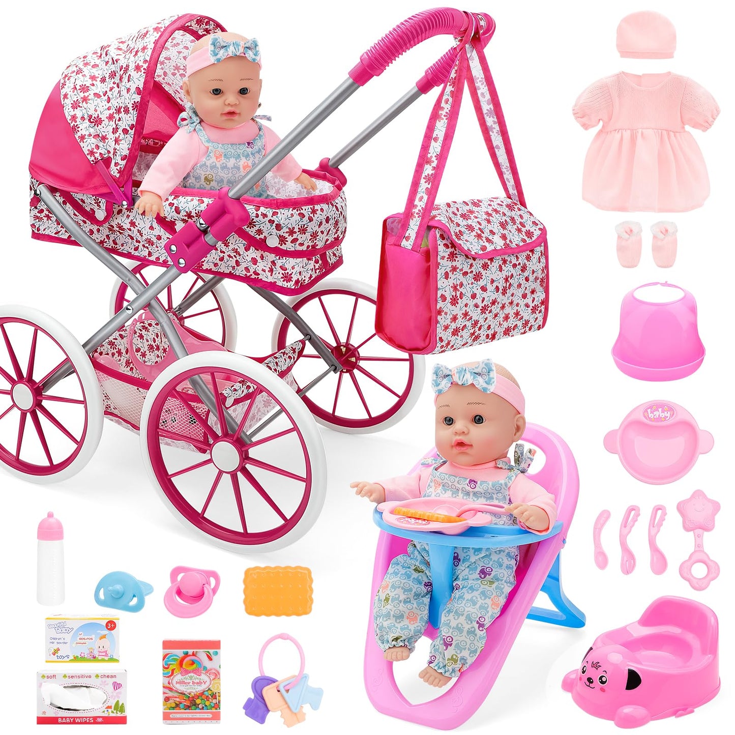 deAO Baby Doll Stroller Set High Chair Travel Diaper Bag with 12 inch Baby Doll Accessories Pretend Play Toys with Foldable Stroller 2 Sets Doll Clothes Birthday Gift for Girls Boys Toddler Kids