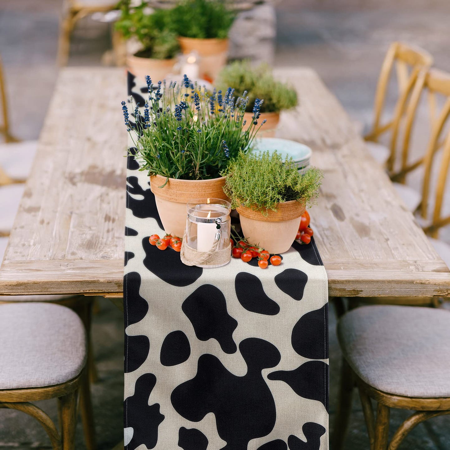 Kingdder 8 Pcs Linen Cow Print Table Runner Farm Black and White Cowhide Tablecloth Cow Print Table Cloths for Parties Kitchen Western Barnyard Cowboy Birthday Home Decorations (13 x 108 in)