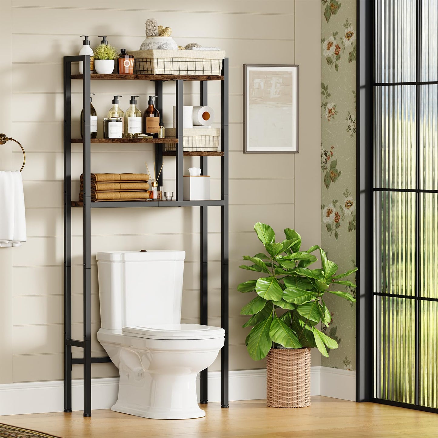Asgolion Over-The-Toilet Storage Rack, 3-Tier Bathroom Shelves Over Toilet, Above Toilet Storage, Behind Toilet Bathroom Organizer, Space Saver, Freestanding, Rustic Brown