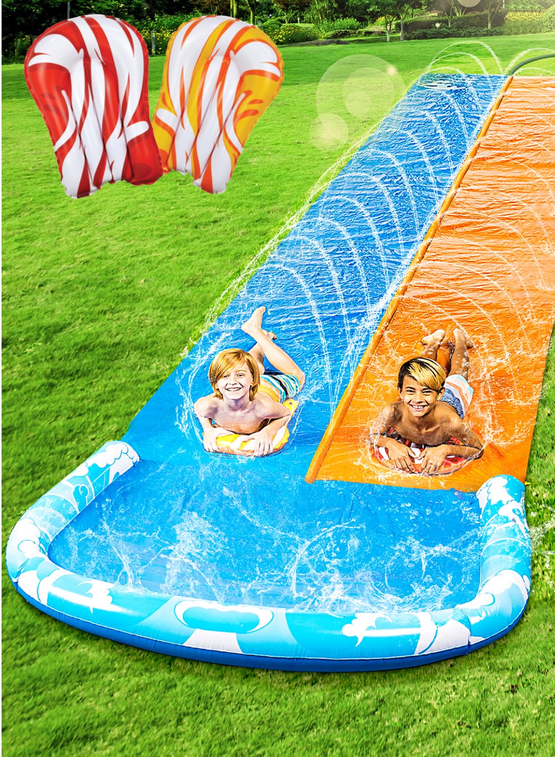 JOYIN 22.5ft Water Slides and 2 Bodyboards, Lawn Slide Summer Slip Waterslides Toy with Build in Sprinkler for Backyard Outdoor Water Fun for Kids