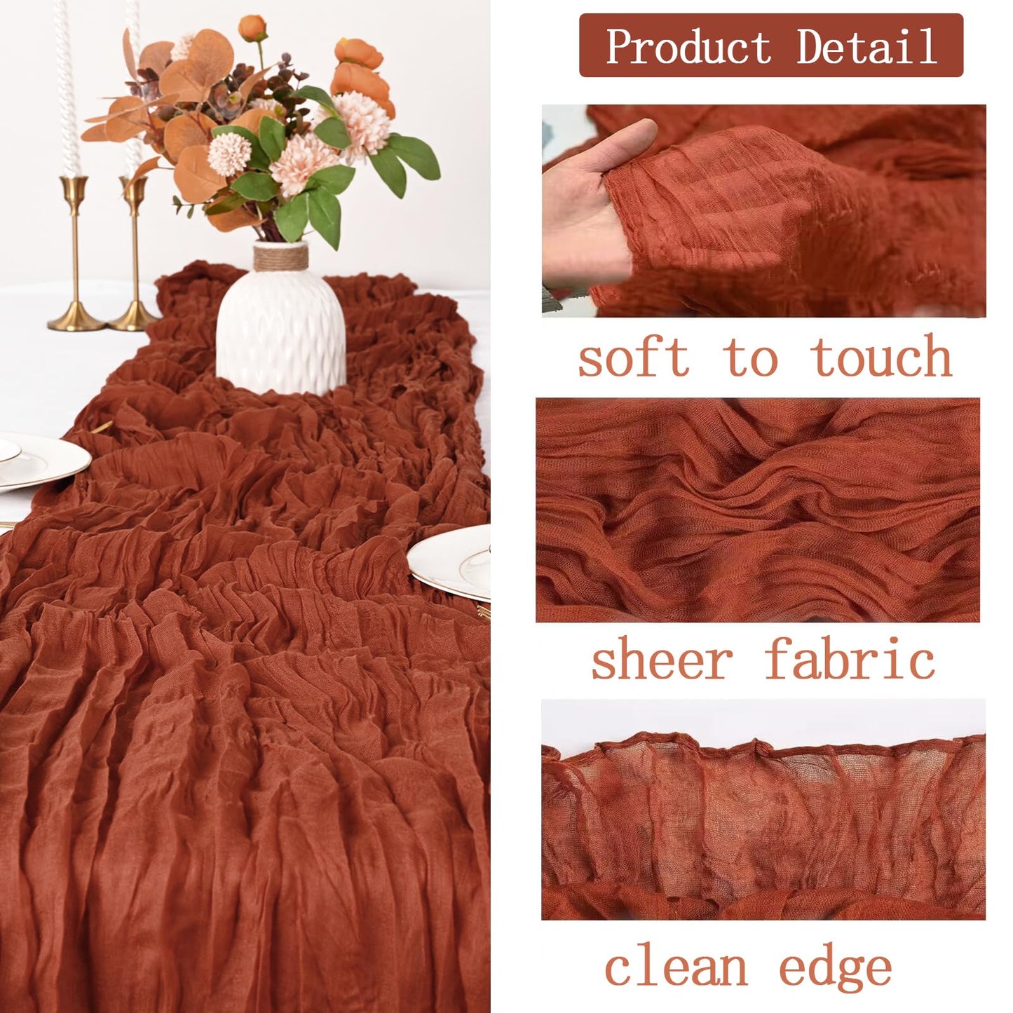 16 Pack Terracotta Cheesecloth Table Runner 20 x 120 inch Gauze Table Runners 10 FT Long,Semi Sheer Cheese Cloth Fabric Table Runner Bulk for Wedding,Party,Baby Shower,Bridal Shower Decoration