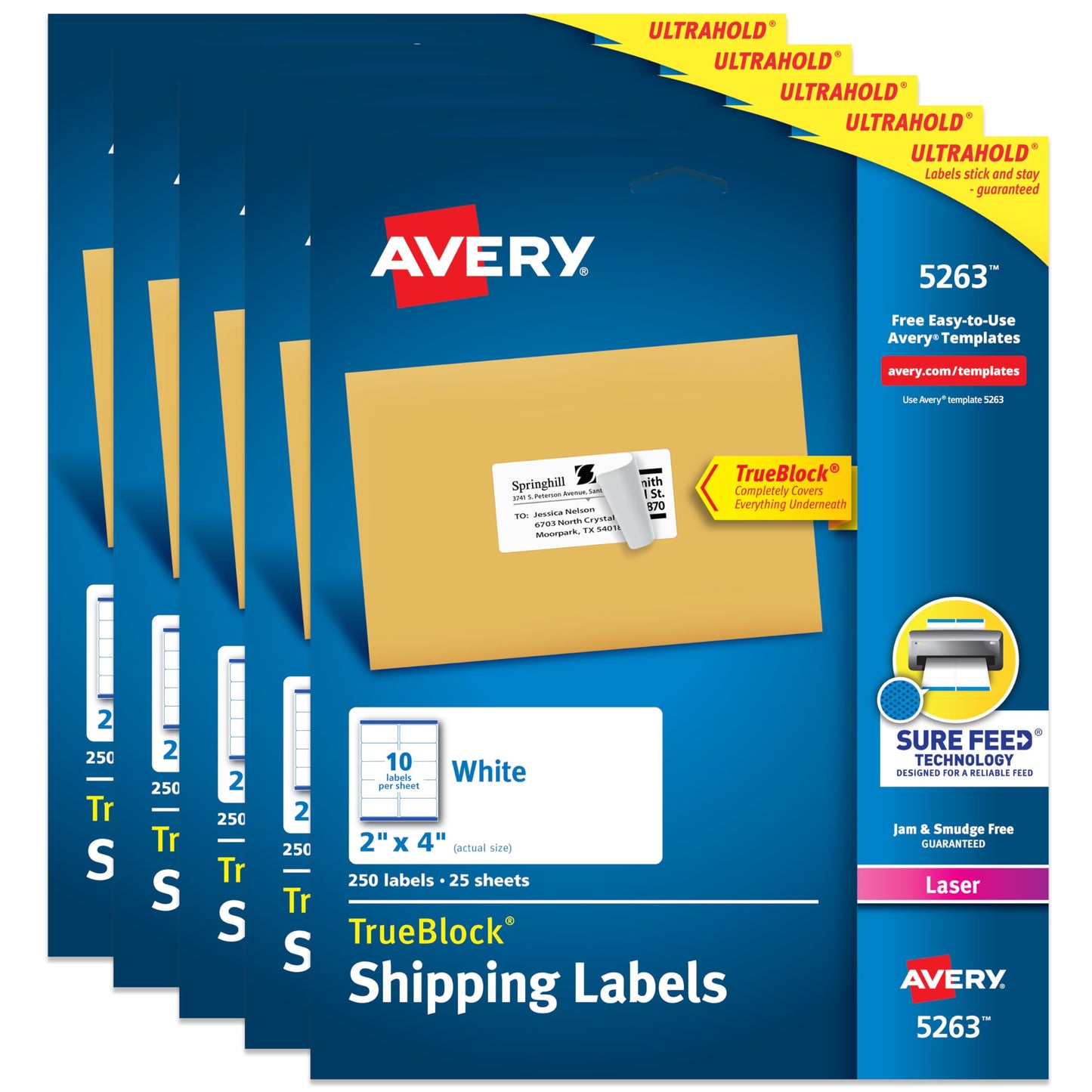 Avery Printable Shipping Labels with Sure Feed, 2" x 4" Customizable Stickers, White, 1,250 Blank Mailing Labels, Great for Mailing, Shipping, and More (5-Pack of 5263)