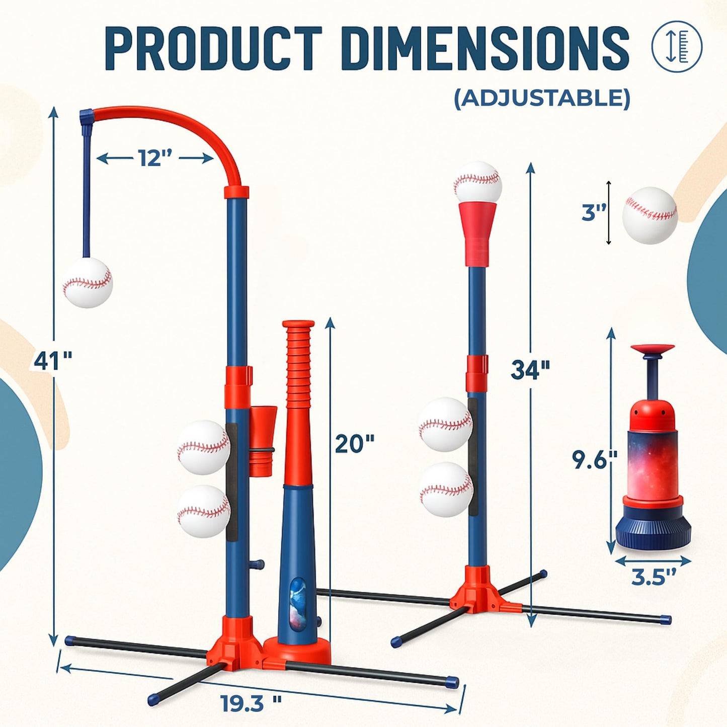 TOMLEON 3-in-1 Baseball Set for Kids 3-5 - Tee Ball Stand, Hanging Tee, Ball Launcher and 6 Softballs - Adjustable Height, Indoor/Outdoor Sport Gifts for Boys