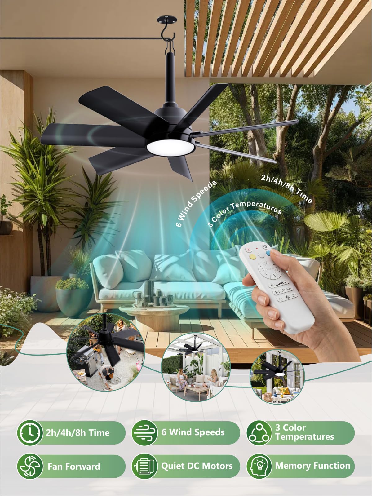 LANMEL 28 Inch Plug-In Outdoor Ceiling Fan with Light and Remote,IP65 Waterproof Hanging Fan Light with Hook,6 Speed,Reversible,3CCT,Dimmable,Portable Gazebo Fan for Patio,Canopy,Porch,Rv(Black)