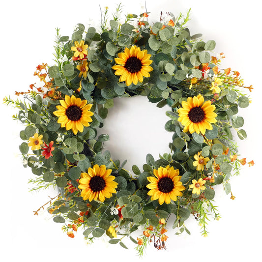 24 Inch Eucalyptus and Sunflower Wreath for Front Door Decor – Artificial Greenery Front Door Wreath, Outdoor Wreaths for Front Door for Spring, Summer, Fall & All Seasons Home or Porch Decor