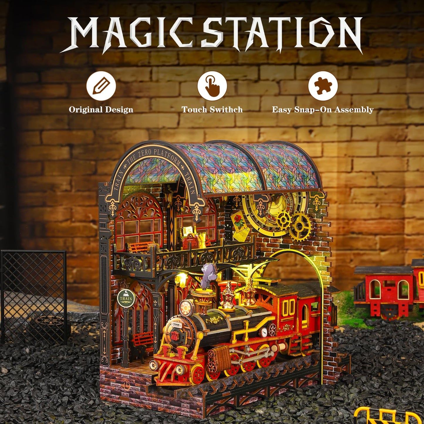 Book Nook Kit - DIY Book Nook Kits for Adults and Teens, 3D Puzzle Miniature House Kit with LED Lights, Elegant Wooden Book Stand Insert Decoration (Magic Station)