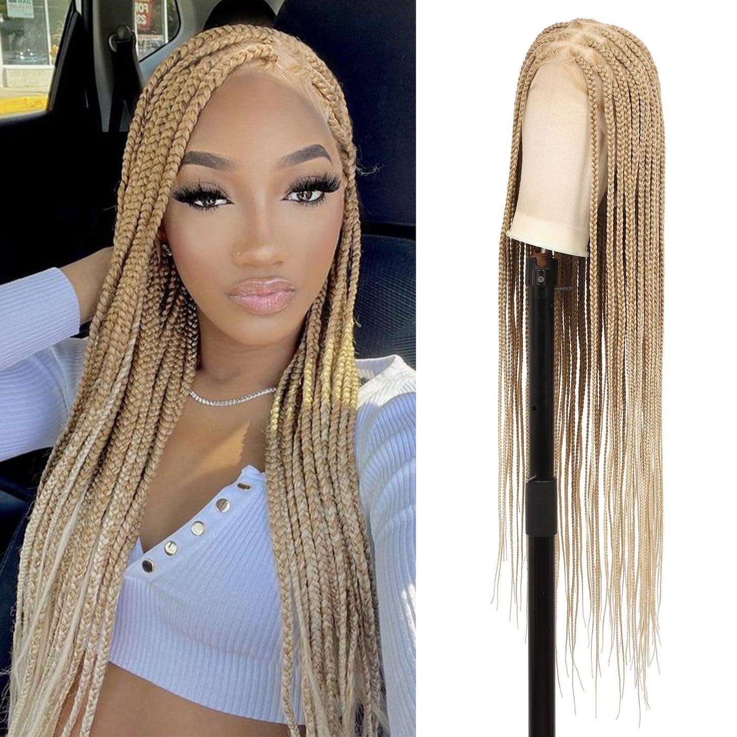 Brinbea 360° HD Full Lace Knotless Braided Wigs for Women Box Braid Wig with Baby Hair Braided Lace Front Wigs Human Hair Blended Braids Wig Long Blonde 36"