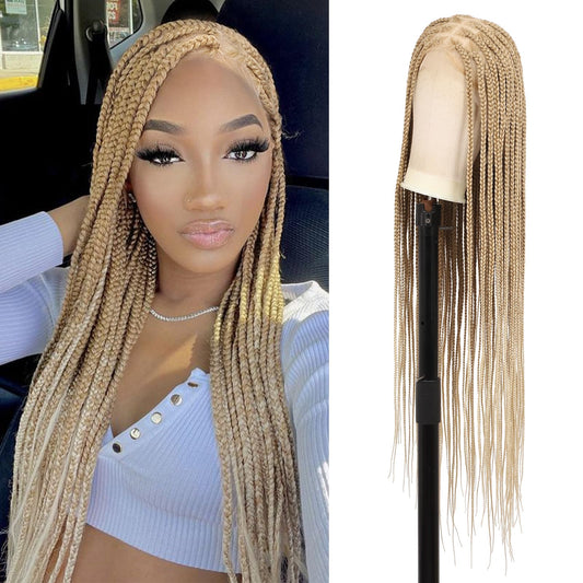 Brinbea 360° HD Full Lace Knotless Braided Wigs for Women Box Braid Wig with Baby Hair Braided Lace Front Wigs Human Hair Blended Braids Wig Long Blonde 36"