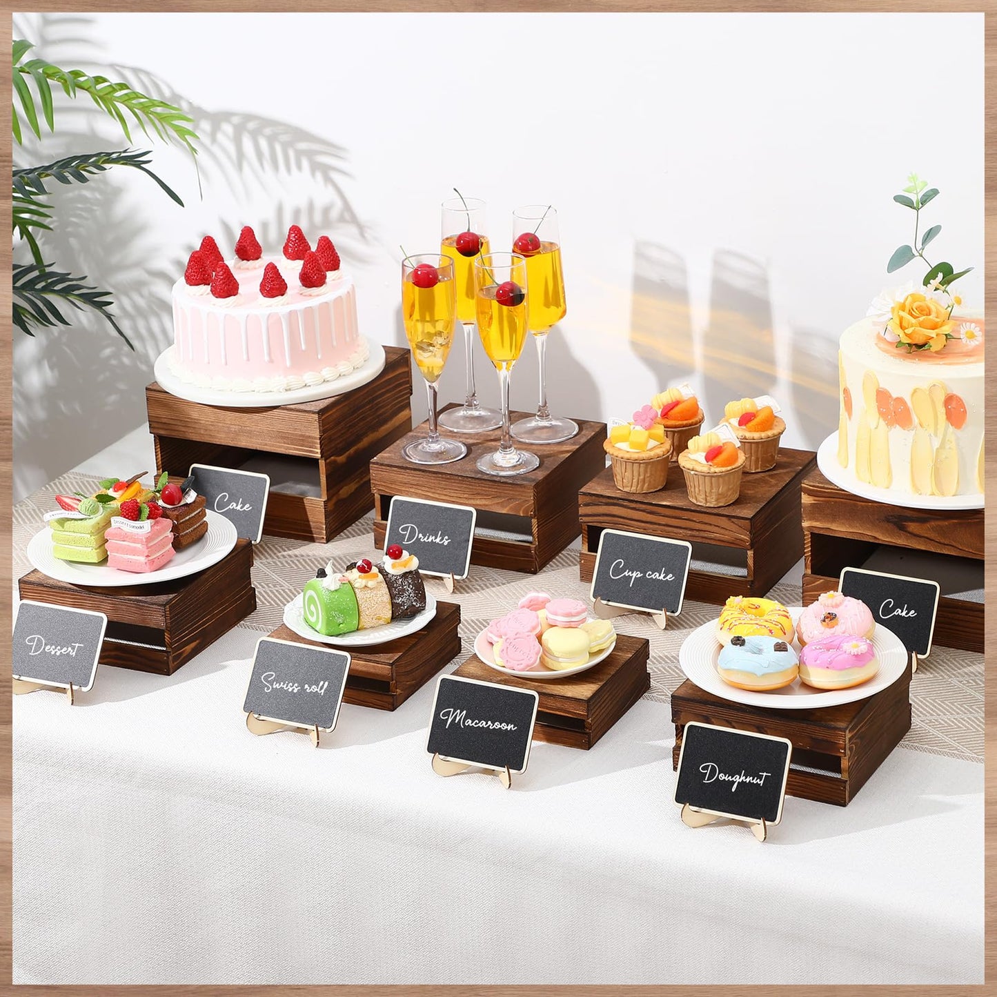 Lallisa 8 Pcs Buffet Risers with Mini Signs Bulk Food Risers for Table Rustic Wood Cake Stands Buffet Crate Wooden Dessert Display Stand with Hollow Bottoms for Wedding Birthday Party, 4 Sizes