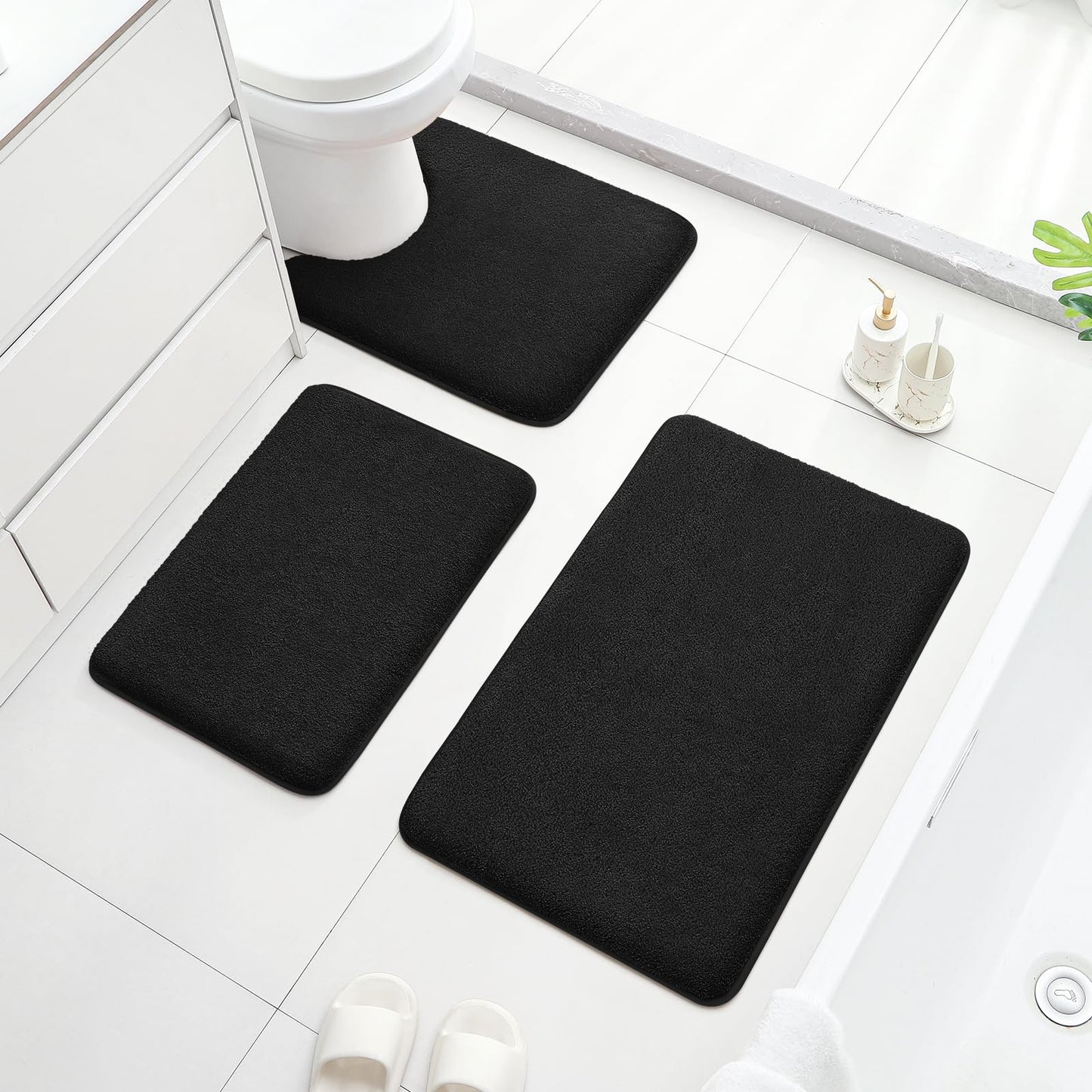 HOMEIDEAS Upgraded Bathroom Rugs Set 3 Piece, Extra Thick Absorbent Soft Memory Foam, Washable Toilet Bath Mat (Black)