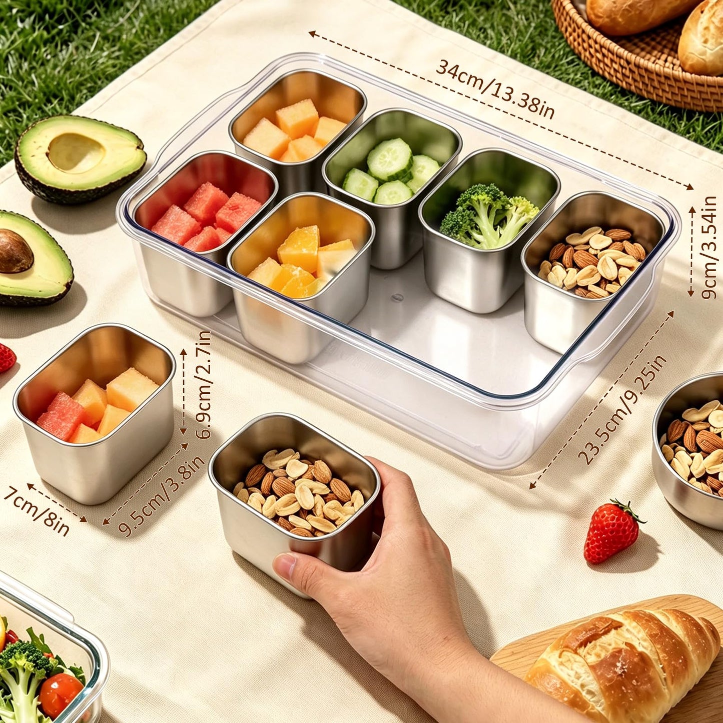 Qtencas Snackle Box Container with 8 Portable Removable Compartments, Ice Pack, Sauce Cup & Fork, Stainless Steel Divided Serving Tray with Lid and Handle for Road Trips Beach Camping