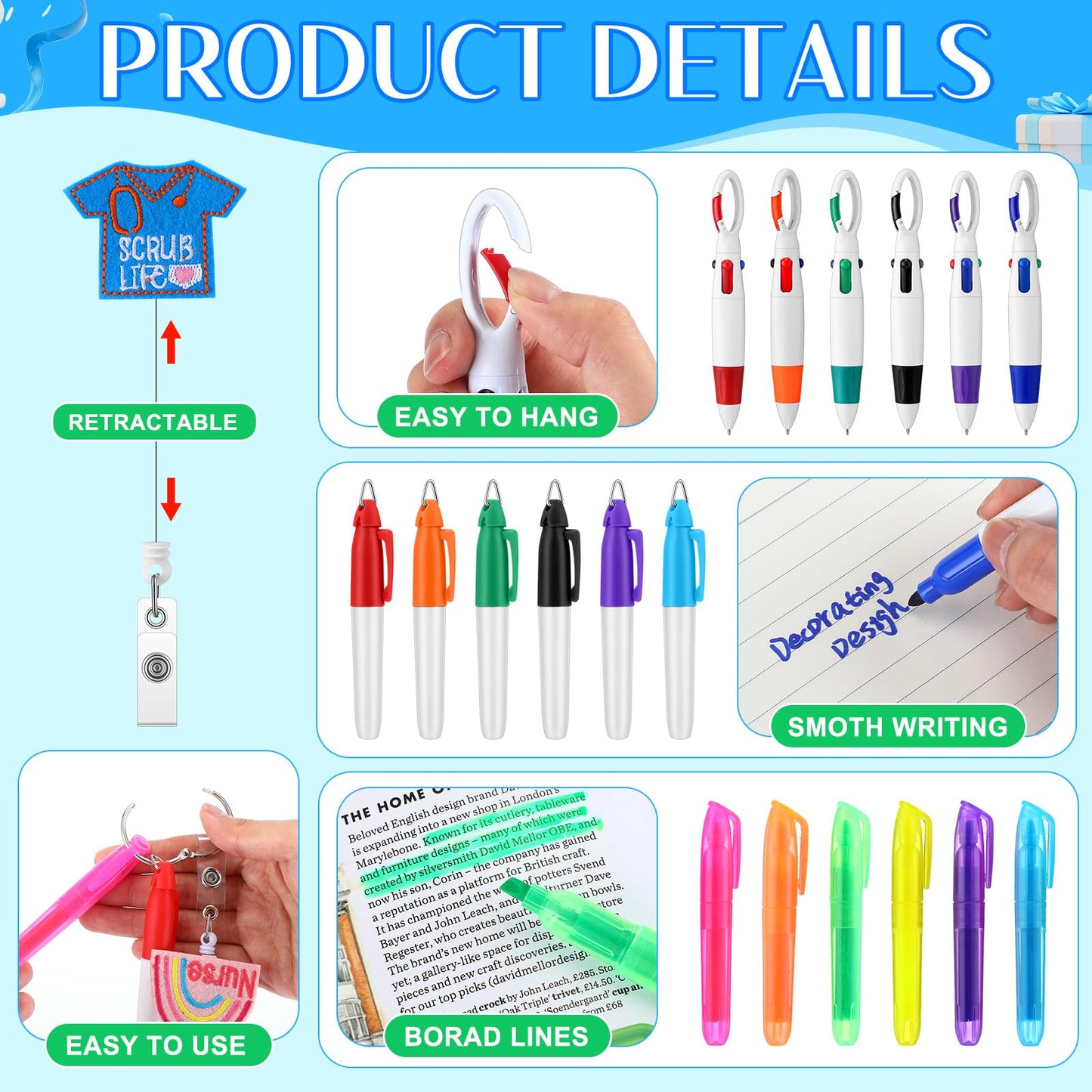 Nezyo 100 Pcs Nursing Pens Set Includes Retractable Ballpoint Pen Permanent Marker Pen Mini Highlighters Badge Holder Clip ID Name Reels 2026 Nursing Week Gifts for CNA Students Graduation Coworker