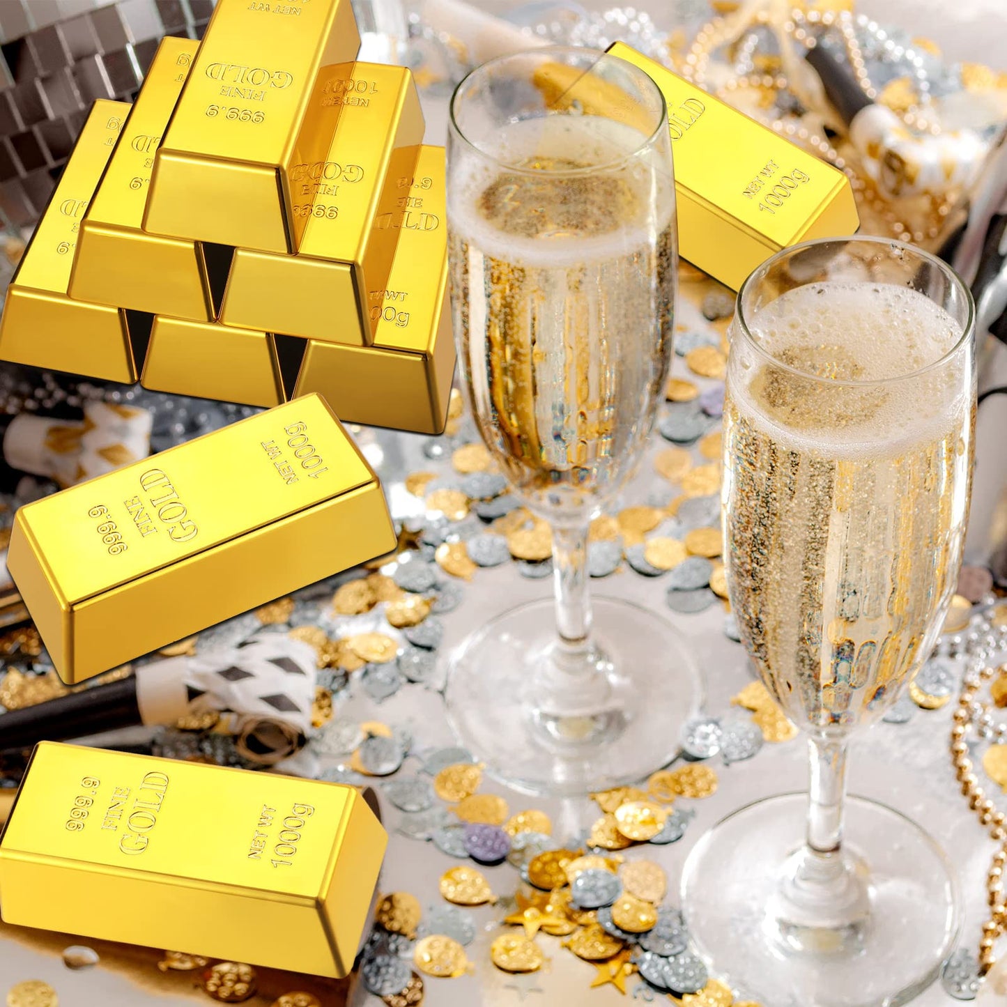 Liliful 100 Pirate Gold Coins, 6 Fake Gold Bar with 6 Canvas Money Bags Replica 6.5 Inch Fake Brick Pirate Costume Party Supplies Treasure Hunt Game Party Favors Movie Prop Money