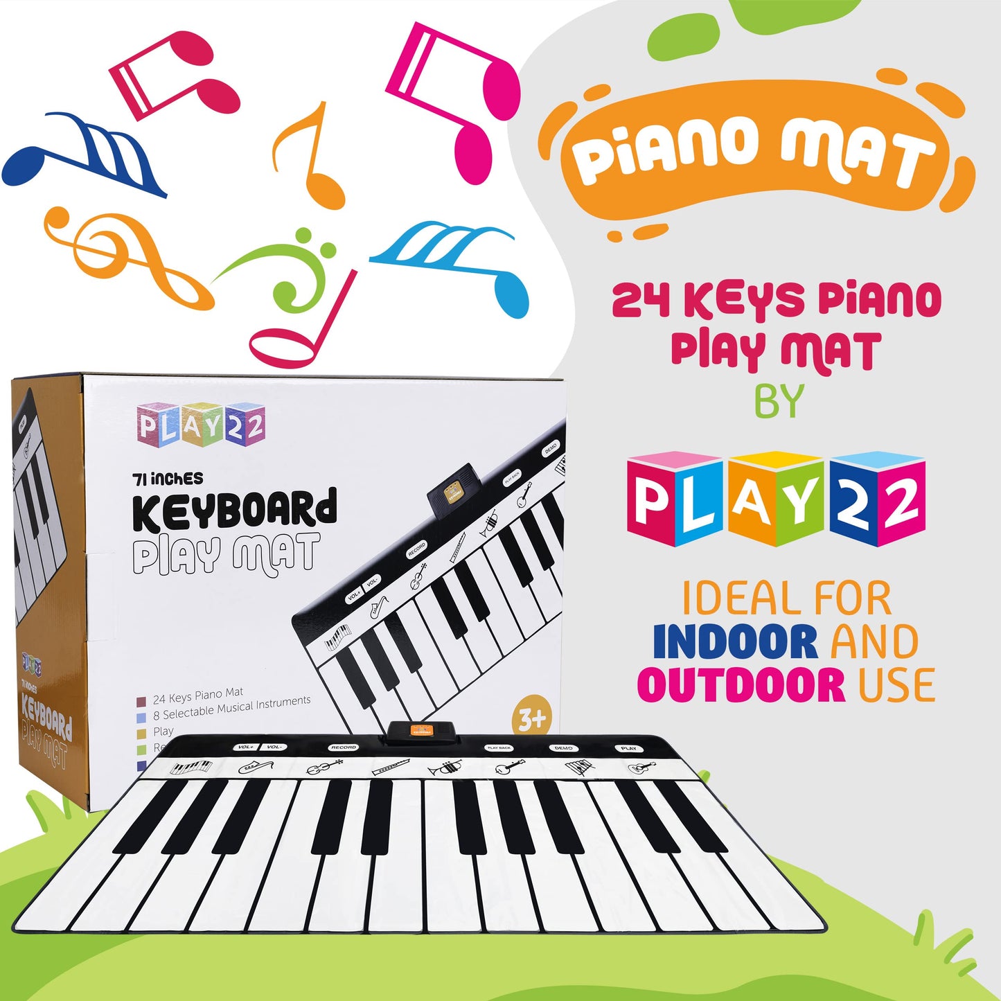 Play22 6 Ft. Floor Piano Mat for Toddlers - 24 Keys Piano Play Mat for Kids - Keyboard Playmat has Record, Playback, Demo, Play, Adjustable Vol. - Best Piano Gift for Boys & Girls