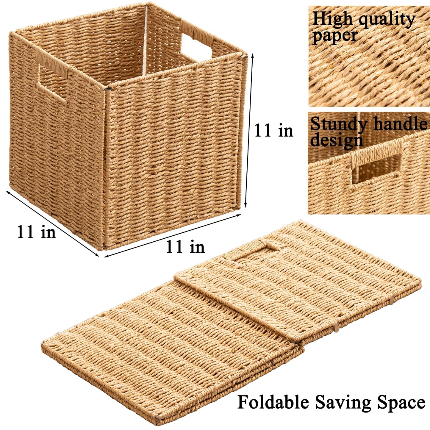 Foldable Storage Baskets with Handles Paper Rope Storage Baskets Rectangle Collapsible Hand Woven Storage Cubes Bins for Organizing Shelves Living Room Bedroom Pantry (4, 11'' x 11'' x 11'')