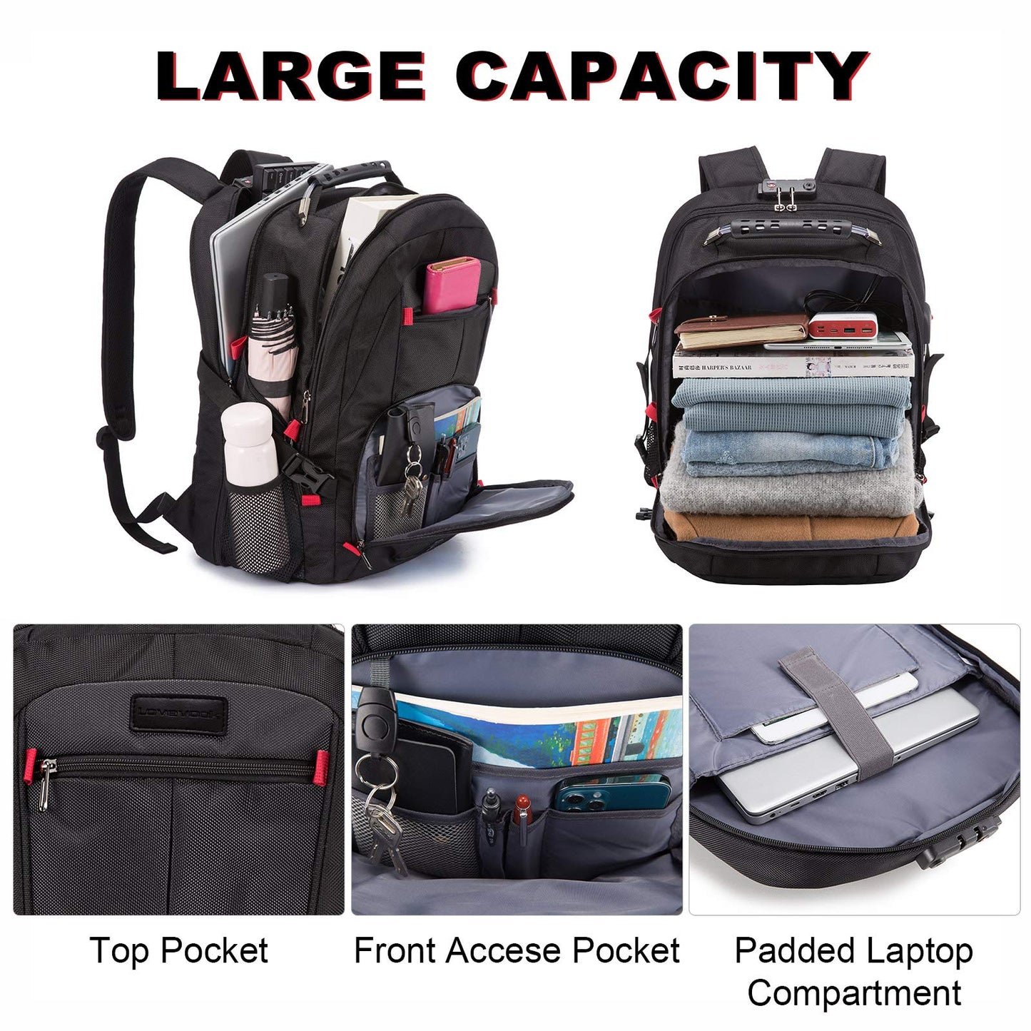 LOVEVOOK Travel Laptop Backpack Waterproof Anti Theft with Lock and USB Charging Port Large Computer Business Backpack for Men Women College (17 inch, Black)