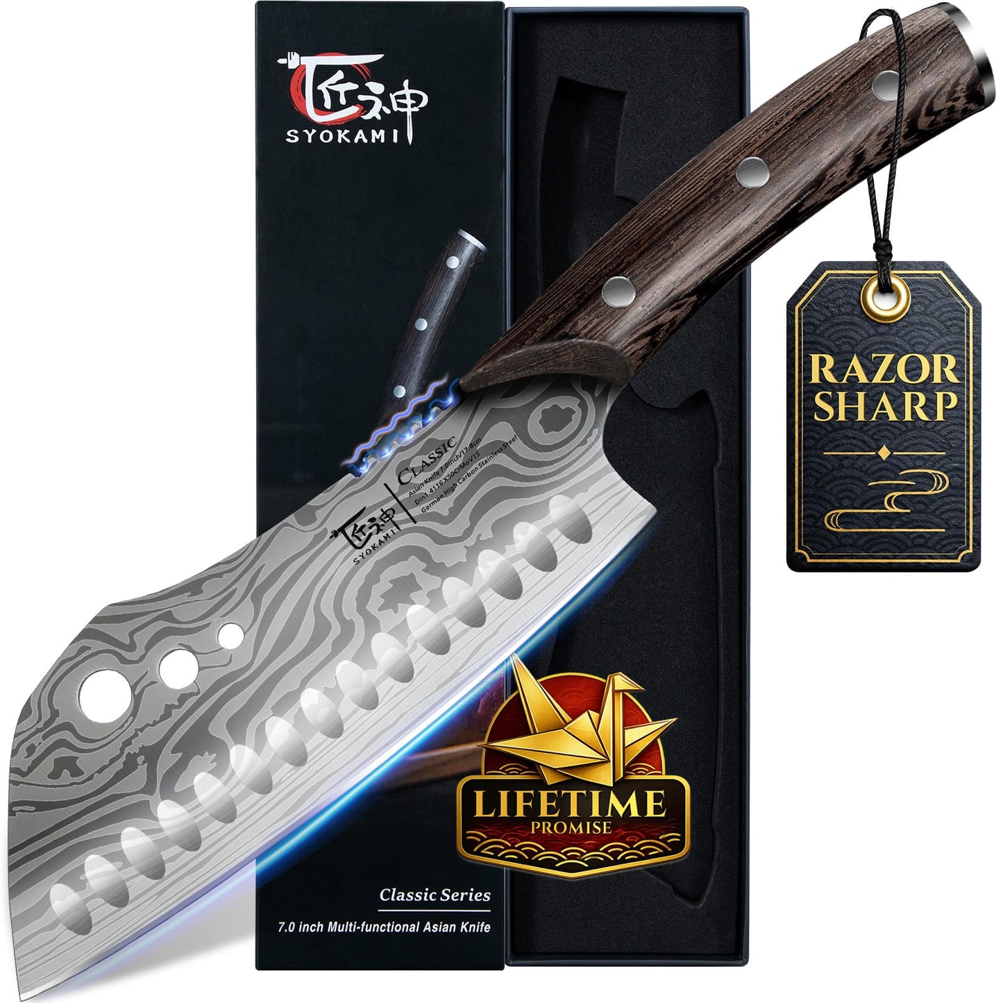 SYOKAMI Cleaver Chef Knife with Herb Stripper, 7" Asian Kitchen Knife 3-in-1 Combined with Chef's Knife, Santoku, Nakiri for Slicing, Chopping, Dicing, Mincing, Housewarming Birthday Cooking Gifts