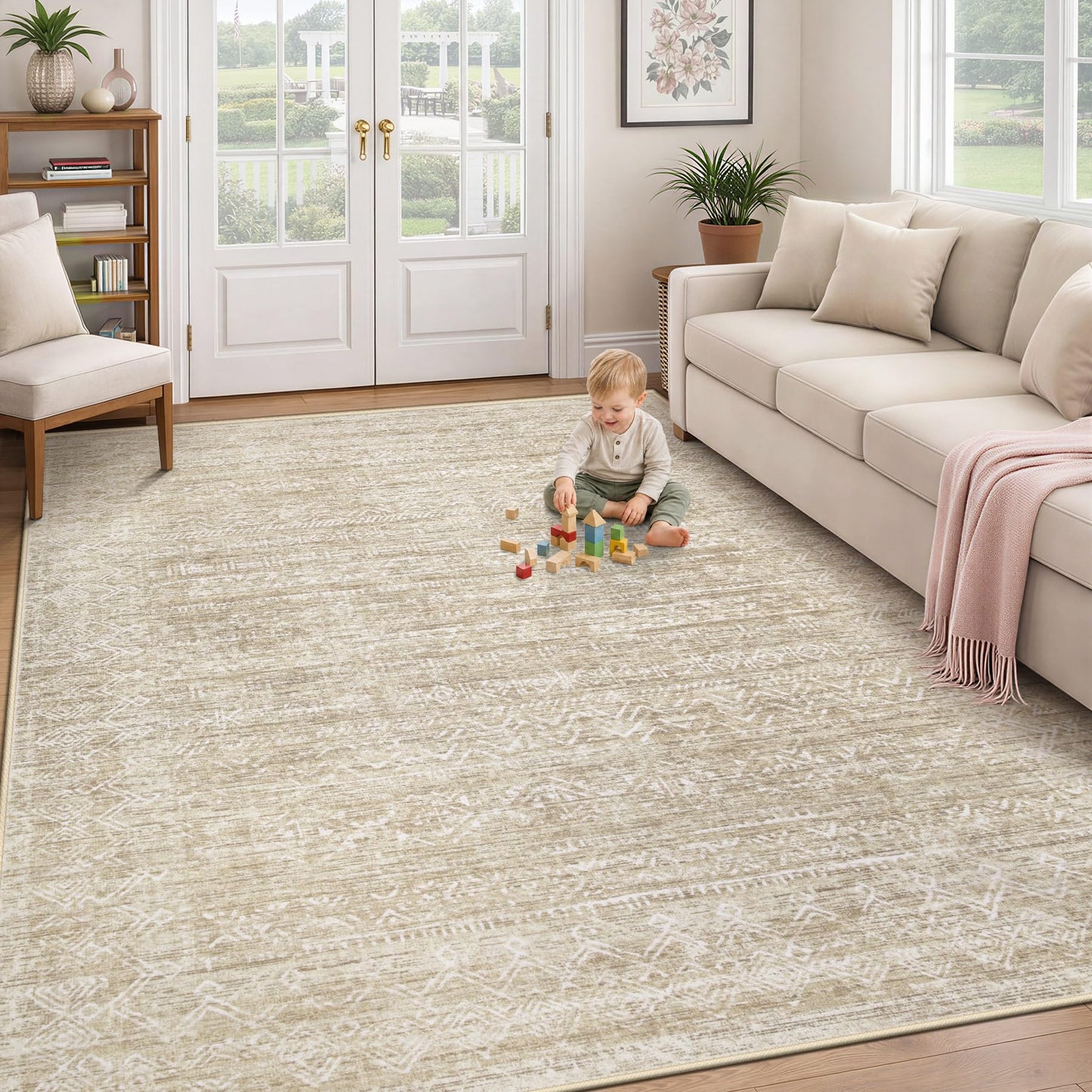 Washable Rug 6x9 Area Rugs: Modern Geometric Rugs for Living Room Non Slip Soft Low Pile Moroccan Indoor Carpet for Bedroom Nursery Dining Room Home Office Children's Room (Beige, 6'x9')