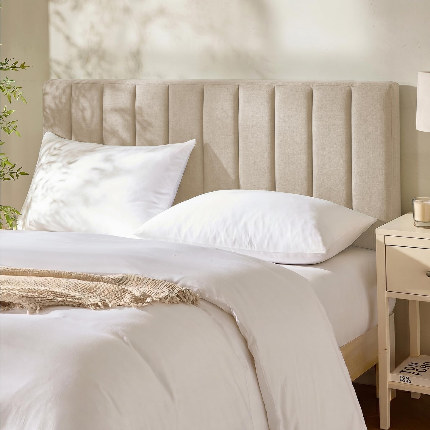 Hearth & Harbor Upholstered Full Headboard - Easy Assemble Channel Stitched Headboard Full Size - Wall Mounted Headboards with 3D Soundproof Wall Panels Peel & Stick Floating Headboards, Beige