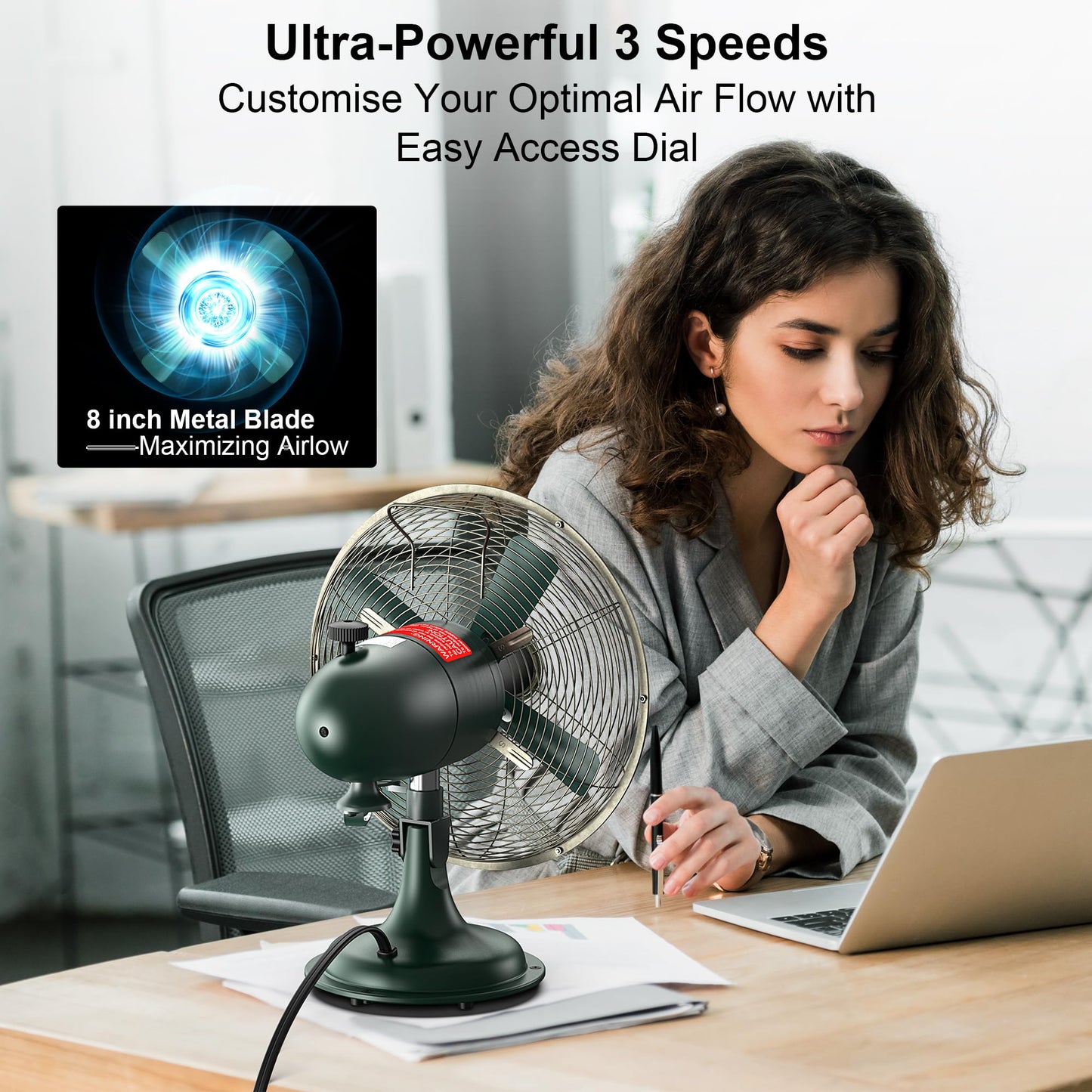 AMACOOL Oscillating Vintage Fan, All Metal 8" Retro Table Top Fan, Adjustable Head Tilt, Quiet 3 Speeds Plug-In Desk Fan for Bedroom Home Office & Kitchen