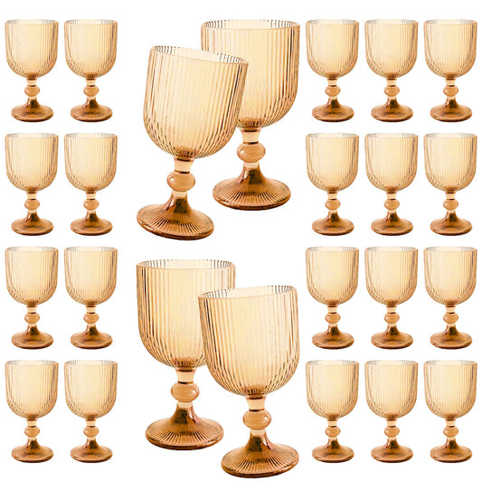 24 Pcs Vintage Wine Glasses, 11 Ounces Colored Glass Water Goblets, Colorful Unique Embossed Pattern High Clear Stemmed Glassware Wedding Party Bar Glass Drinking Cups Vertical Line Amber Set of 24