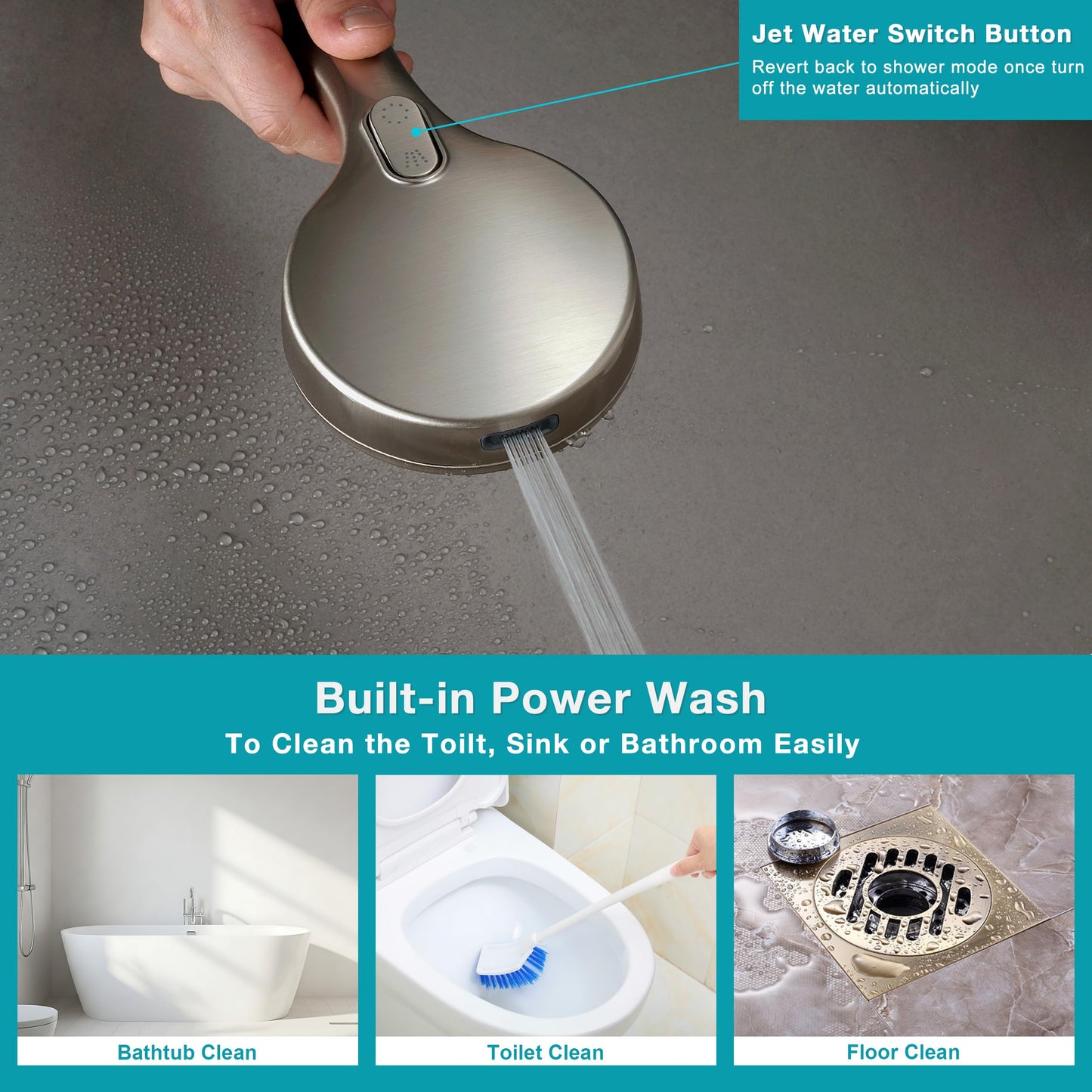 GwernKB Handheld Shower Head with on off Switch&Built-in Power Spray,7-Setting High Pressure Shower Wand with 79in Long Hose&Bracket and Extra Adhesive Shower Holder for Lower Mount,Brushed Nickel
