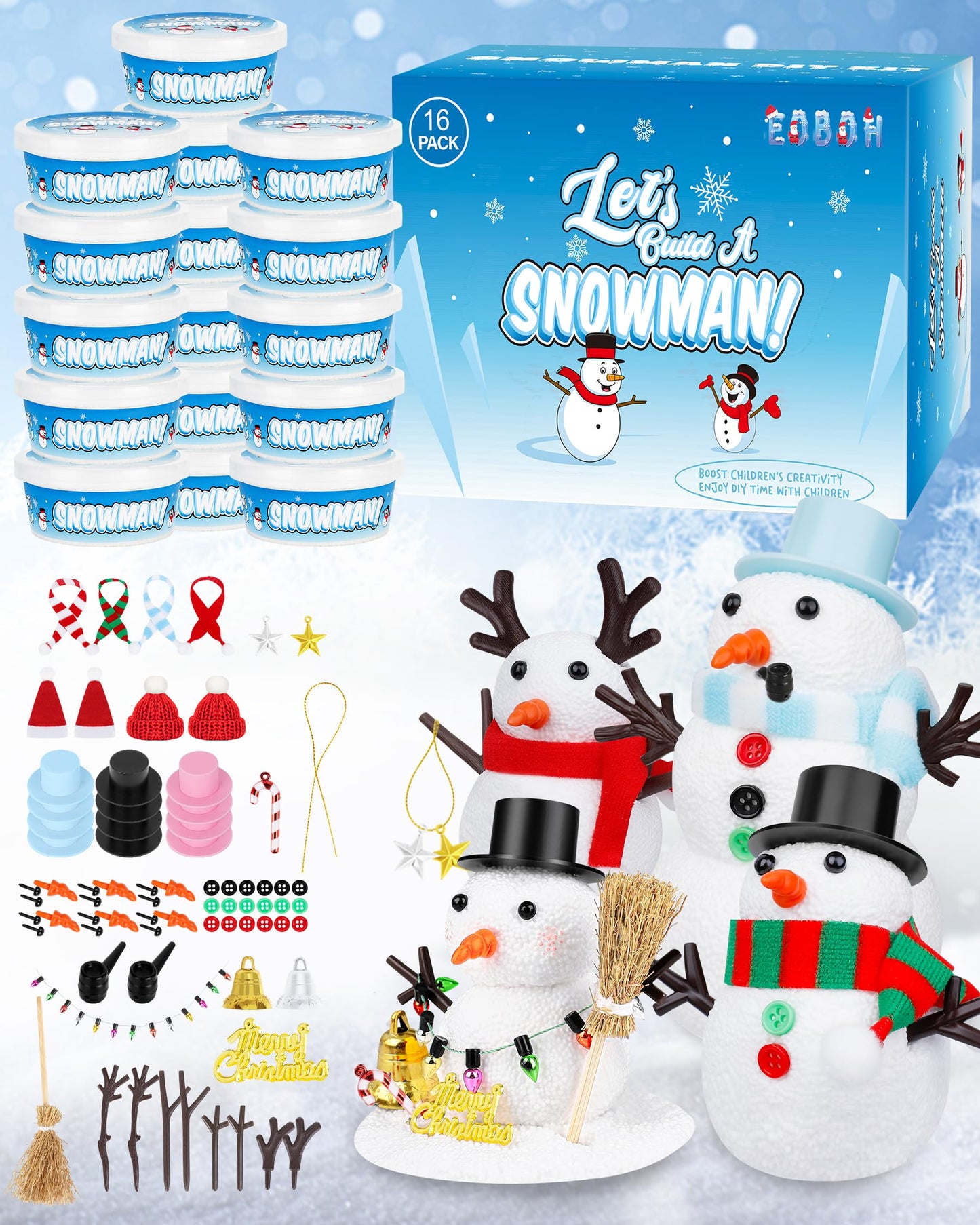 Pack of 16 Snowman Kit, Make a Snowman Craft Kit for Kids, Creative Christmas Crafts for Modeling Outdoor Dry Clay, Enhance Creativity, Christmas Gifts, Winter School, Christmas Creative Supplies