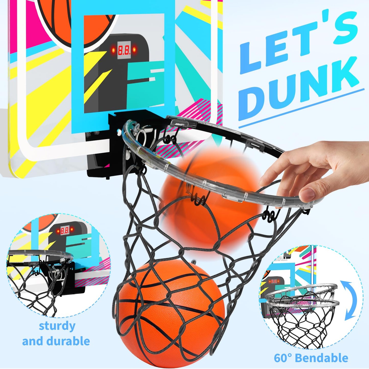 Indoor Basketball Hoop for Kids, Over The Door Basketball Hoop with Scoreboard, Foldable Breakaway Rim & 4 Balls, Mini Hoop Door Room Goal, Basketball Toys Gifts for 4-12 Year Old Boys Girls Teens