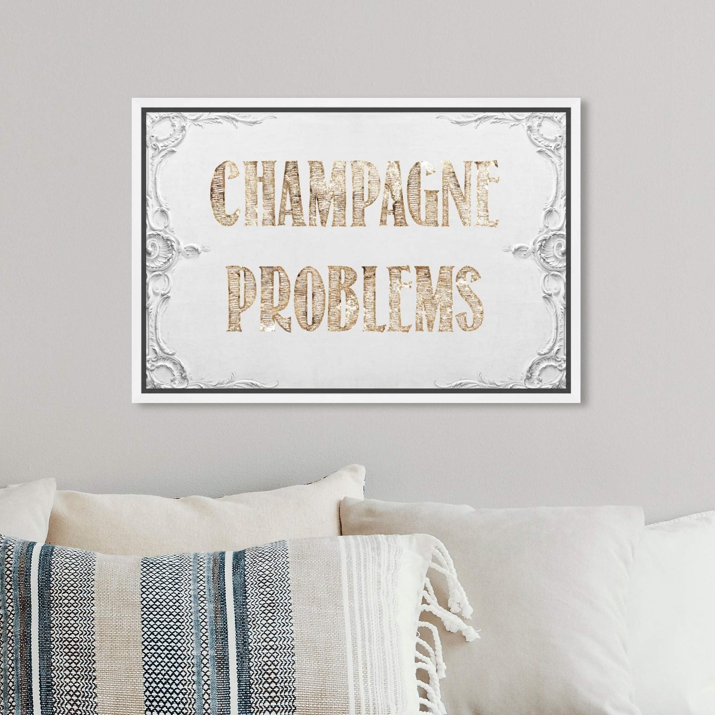 The Oliver Gal Artist Co. Typography Framed Wall Art Canvas Prints 'Champagne Problems' Quotes and Sayings Home Décor, 15" x 10", Gold, White