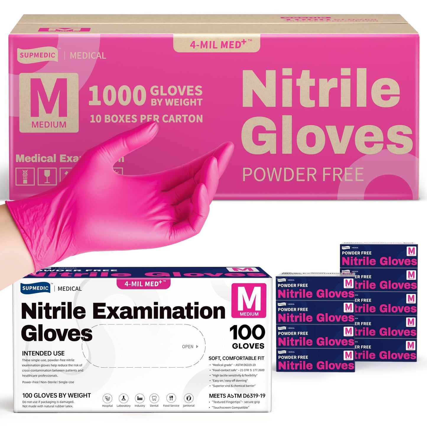 Supmedic Nitrile Exam Gloves, 4 Mil 1000 Ct, Powder-Free Latex-Free Cooking Food-Safe Disposable Medical Gloves, Rose Orchid (Medium)