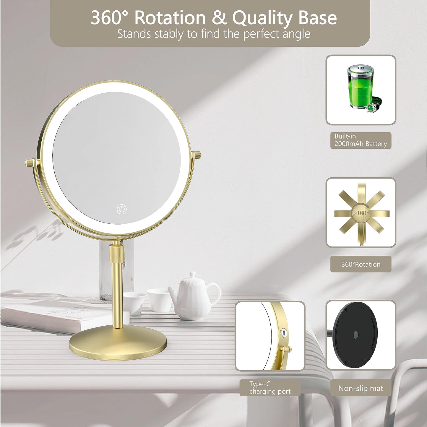 MIROAMZ 8" Lighted Makeup Mirror, 1X/10X Magnification Mirror with Lights, Double Sided Dimmable Mirror, Rechargeable & Brightness & Height Adjustable, Cordless Vanity Mirror(Gold)