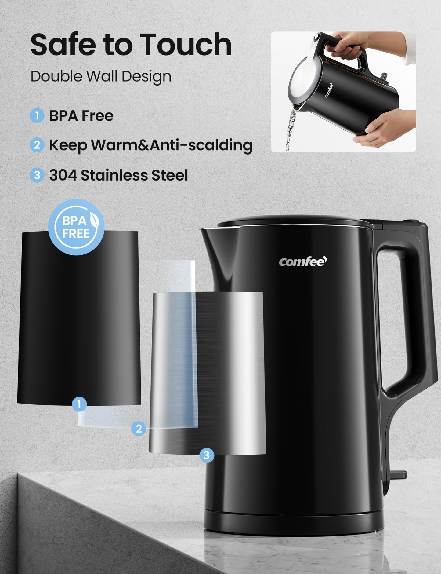 COMFEE' 1.7L Double Wall Electric Tea Kettle and Kettle Water Boiler, 100% Stainless Steel Interior & Lid & Spout, Two-Level Wide Open Lid, 1500W Fast Boiling, Auto-Off and Boil-Dry Protection