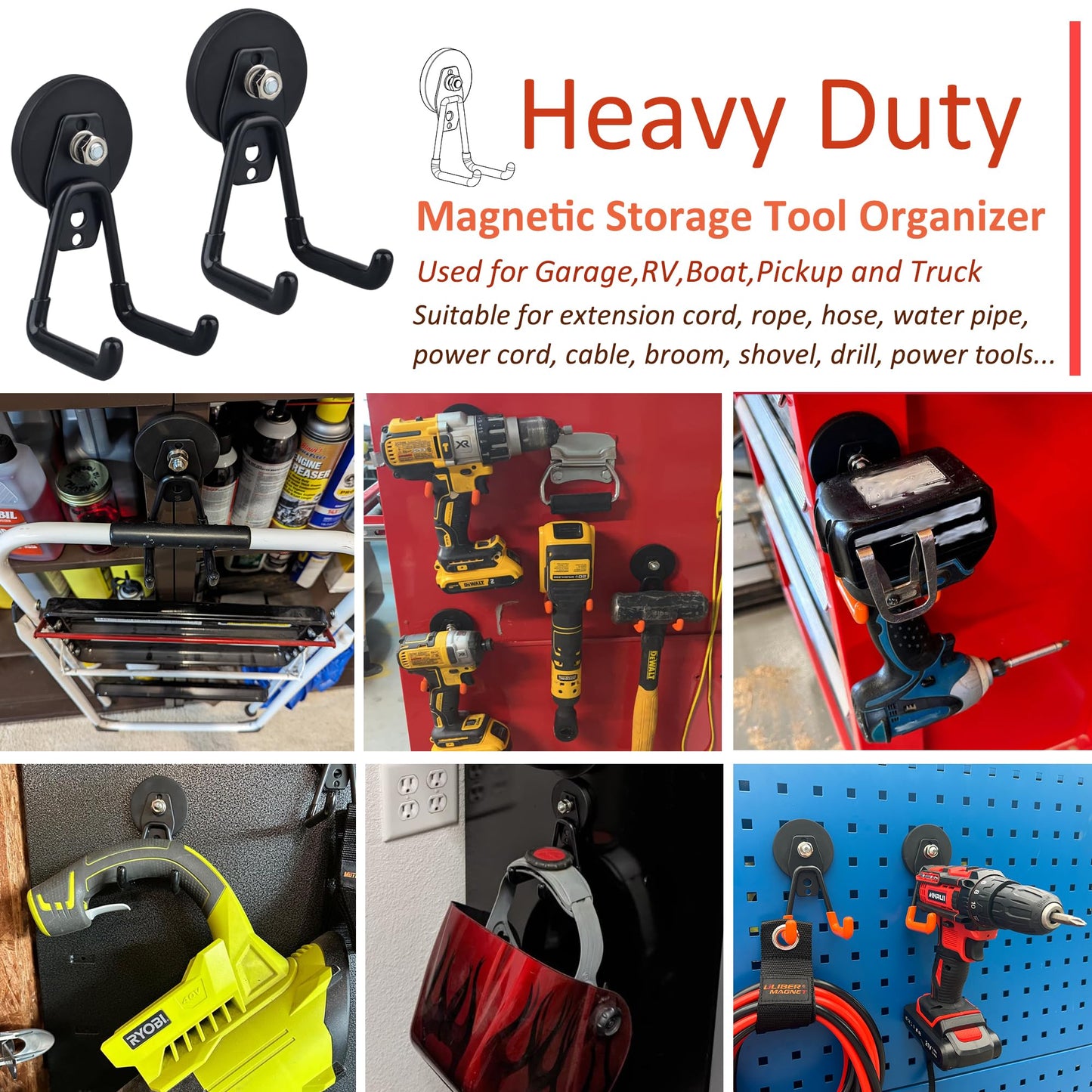 ULIBERMAGNET Heavy Duty Magnetic Garage Hooks,10 Pack Strong Large Magnet Hook for Power Drill,Garden Tools,Hose,Pegboard,Garage, Workshop,Magnetic Storage Hooks for Indoor Outdoor Hanging(Black)