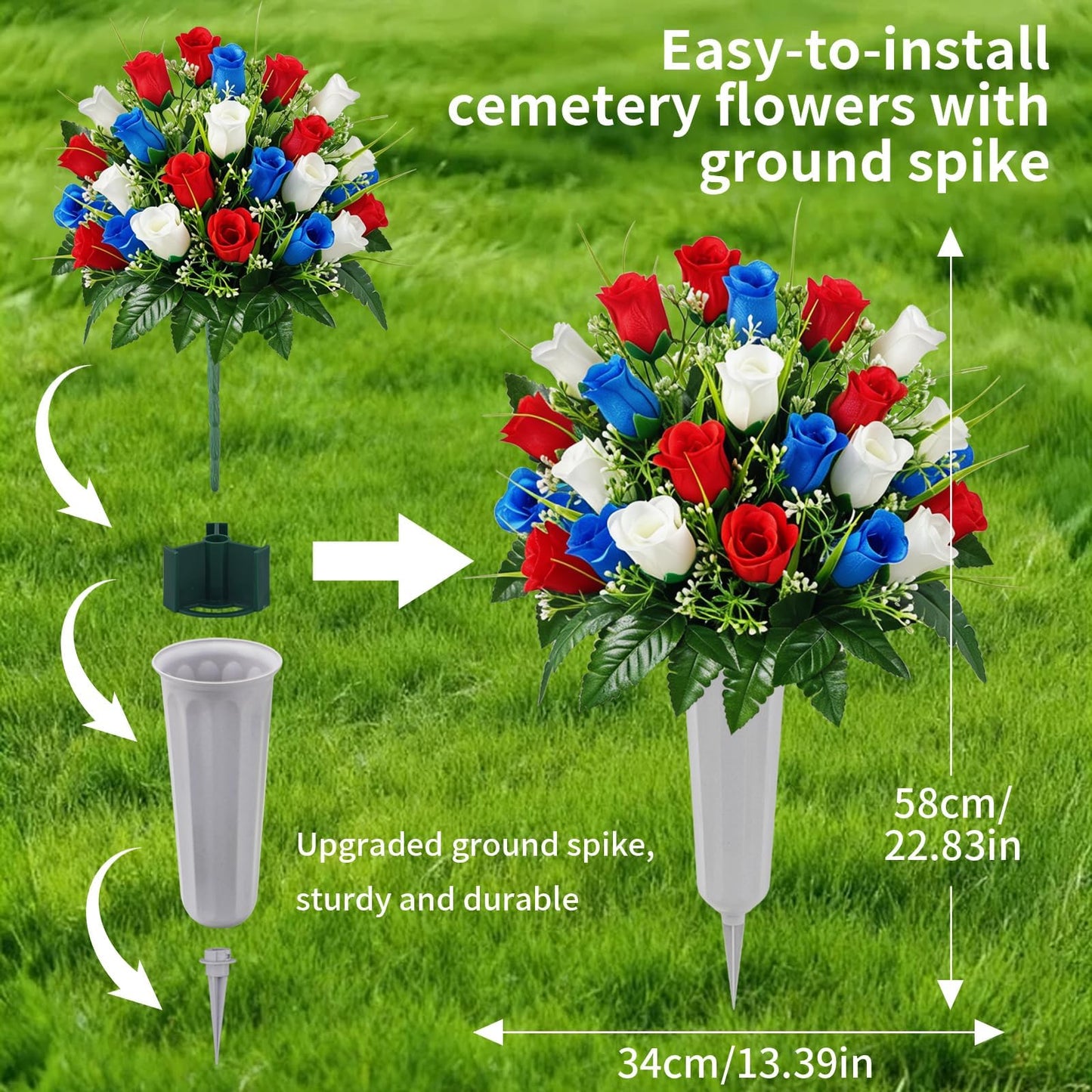 Luabue Artificial Cemetery Flower Grave Saddles for Headstone Roses red White and Blue Artificial Flowers with Flags Memorial Day Decorations for Grave Veterans Patriotic 4th of July Independence Day